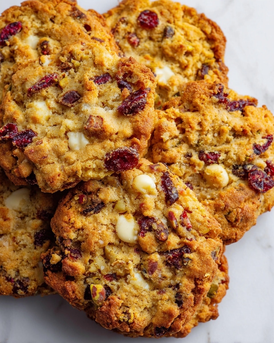 A white plate filled with one layer of golden brown cookies that have a slightly rough texture and irregular edges. Each cookie is round and studded with white chocolate chips, dark red dried cranberries, and green pistachios scattered throughout. Around the plate, some loose pistachios are placed as decoration on a white marbled surface. The cookies look crispy on the edges and softer in the center. Photo taken with an iphone --ar 4:5 --v 7