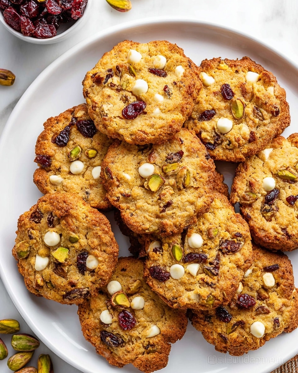 A group of golden brown cookies with a rough, uneven texture, showing visible chunks of white chocolate, pistachios, and dried cranberries scattered throughout. The cookies are overlapping each other, each with a slightly crispy edge and a chewy center. The mix of light yellow from the white chocolate, dark red from the cranberries, and light green from the pistachios creates a colorful contrast on the warm brown cookies. The background is a white marbled texture. Photo taken with an iphone --ar 4:5 --v 7