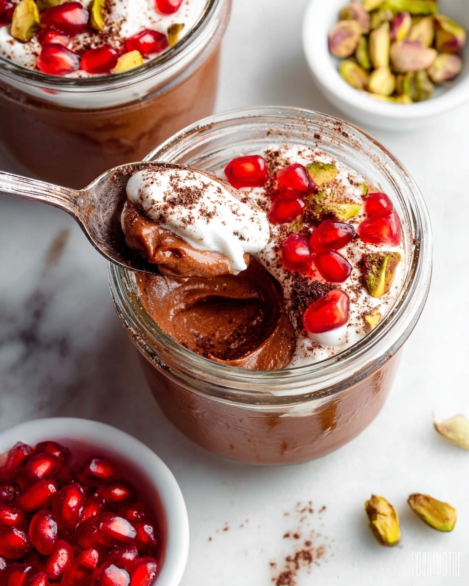 The image shows a clear glass jar filled with rich, dark brown chocolate mousse at the bottom layer, smooth and creamy in texture. On top of the mousse, there is a layer of white whipped cream sprinkled with dark cocoa powder. Bright red, shiny pomegranate seeds are scattered over the whipped cream, adding a fresh and juicy look. A silver spoon is dipped into the mousse, holding a spoonful of mousse and whipped cream topped with pomegranate seeds. The jar is placed on a white marbled surface, with some green pistachios and a small white bowl of pomegranate seeds nearby. Another similar jar with the same dessert is partly visible at the top left corner. photo taken with an iphone --ar 4:5 --v 7
