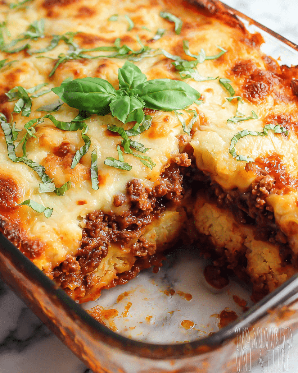 This image shows a close-up of a baked lasagna in a clear glass dish, with one piece removed, revealing four layers: the bottom layer is light beige cooked cauliflower, the second layer is dark brown cooked ground meat mixed with onions, the third layer is red tomato sauce, and the top layer is melted golden-brown cheese sprinkled with shredded green basil leaves and a whole fresh basil leaf in the center; the dish sits on a white marbled surface. photo taken with an iphone --ar 4:5 --v 7