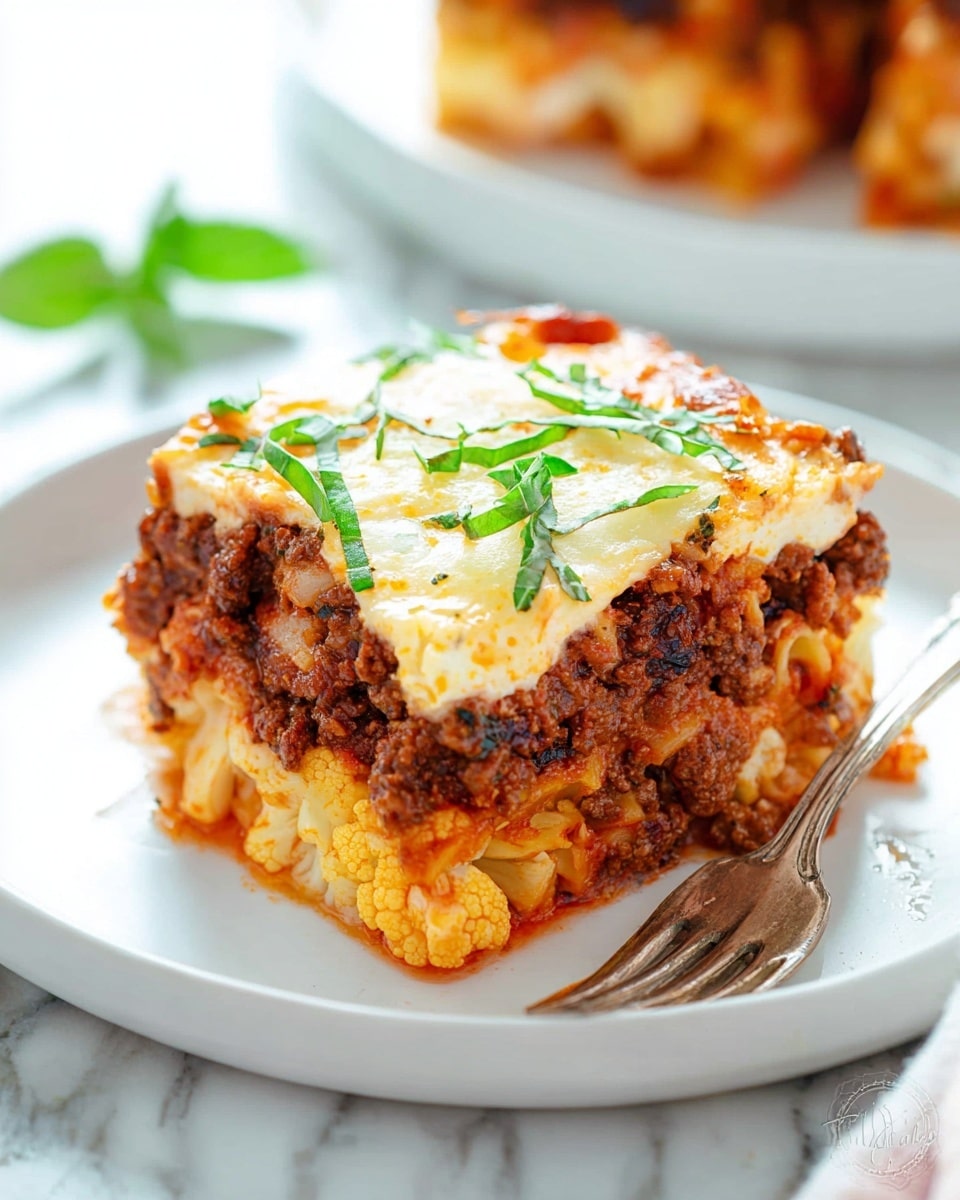 The image shows a thick square piece of baked lasagna on a white plate with a silver fork beside it. The lasagna has three main layers: the bottom layer is a chunky mix of cooked pale yellow cauliflower pieces mixed with tomato sauce, the middle layer is a rich, dark brown ground meat sauce with herbs, and the top layer is a smooth, slightly browned, creamy white cheese topping sprinkled with thin green basil strips. The plate sits on a white marbled surface, and blurry hints of more lasagna pieces and a small green leaf are visible in the background. Photo taken with an iphone --ar 4:5 --v 7