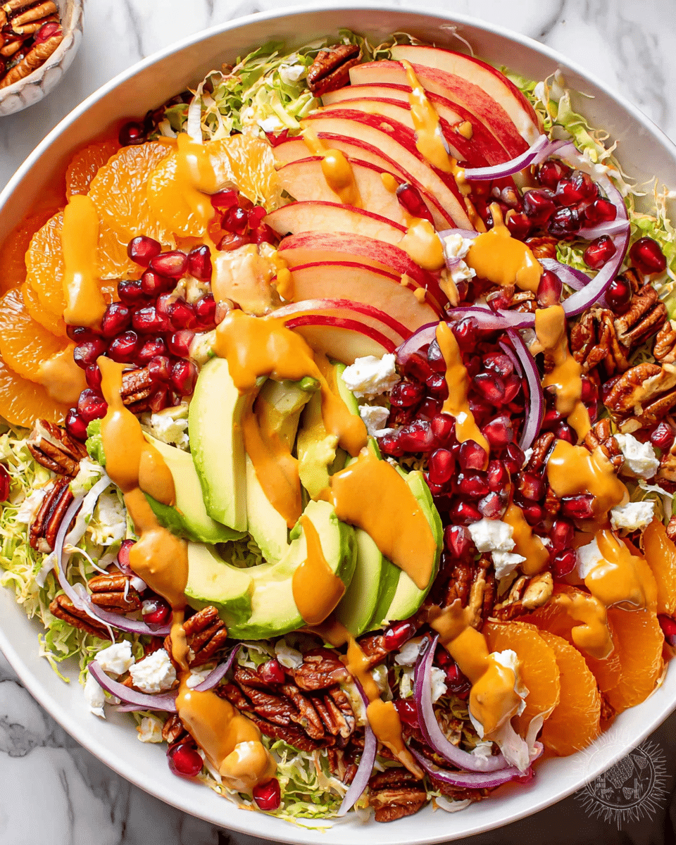 A large white bowl is filled with a colorful salad starting with a base layer of shredded Brussels sprouts that are light green and finely textured. On top, there are thin slices of red apple with smooth skin, bright orange persimmon slices, and sections of creamy green avocado scattered evenly. Thin rings of light purple onion add a touch of sharpness. The salad is sprinkled generously with deep red pomegranate seeds and dark brown pecans, giving rich texture and color contrast. Small dots of white soft cheese are spread throughout. Finally, the whole salad is drizzled with a thick, smooth orange dressing that runs in thin streams across the top. The bowl sits on a surface with a white marbled texture. photo taken with an iphone --ar 4:5 --v 7