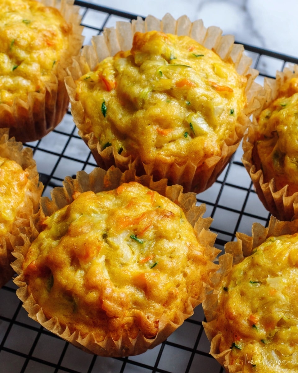 The image shows several golden-yellow savory muffins placed closely together on a black wire cooling rack. Each muffin is held in a crinkled light brown paper liner, with slightly uneven tops that have a moist, tender texture. Small green and orange vegetable bits are visible throughout the muffins, adding flecks of color and a fresh appearance. The background features a smooth white marbled surface, creating a clean and bright contrast with the muffins. photo taken with an iphone --ar 4:5 --v 7