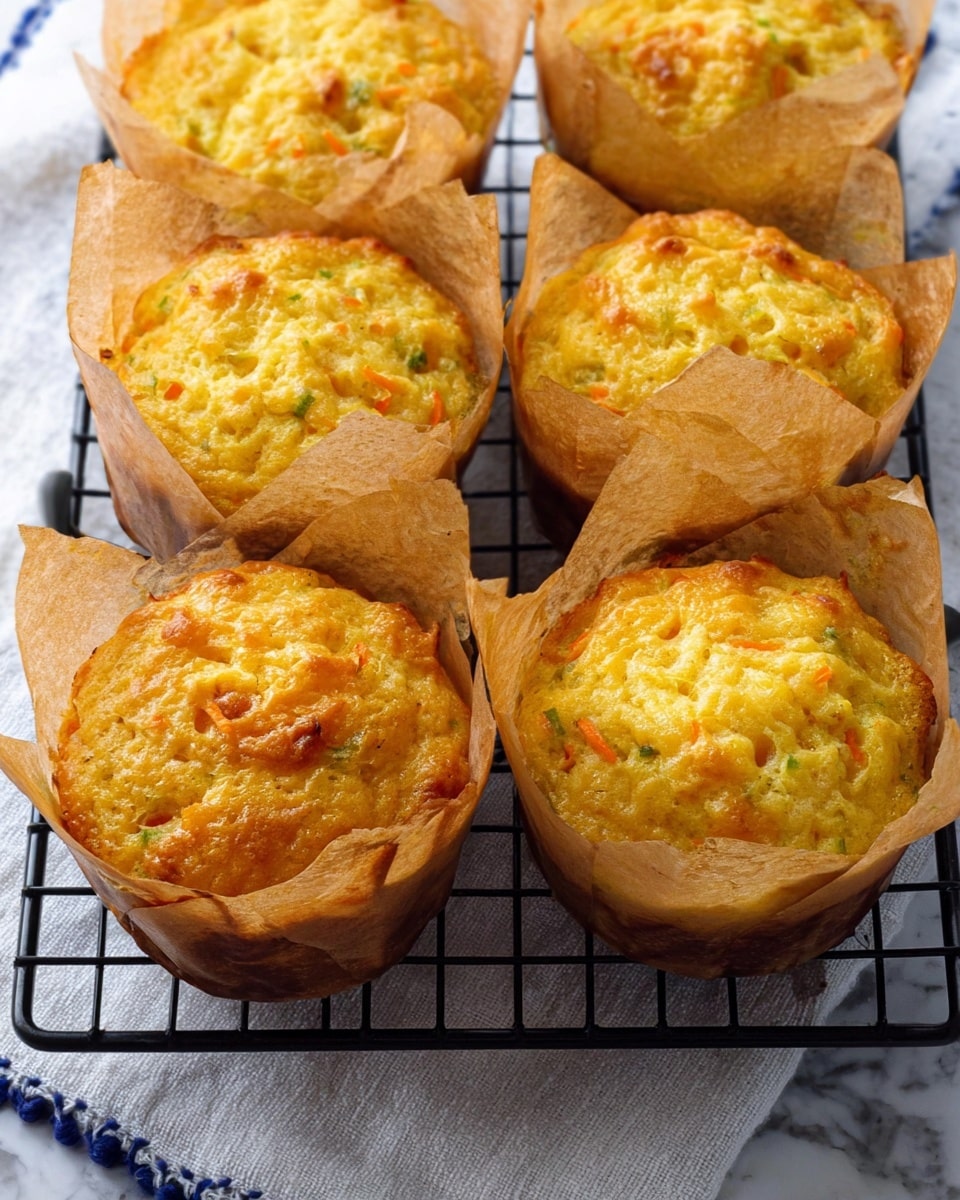 A close-up of six golden-yellow muffins arranged in two rows on a black cooling rack, each muffin wrapped in a light brown crinkled paper liner with some browned spots, showing a soft, slightly bumpy surface texture with bits of green and orange peeking through. The muffins have a moist look with a shiny top, some slightly cracking and caramelized edges near the top of the liners. The background and surface beneath the rack are a white marbled texture with a small part of a white cloth with blue stitching visible under the rack. photo taken with an iphone --ar 4:5 --v 7