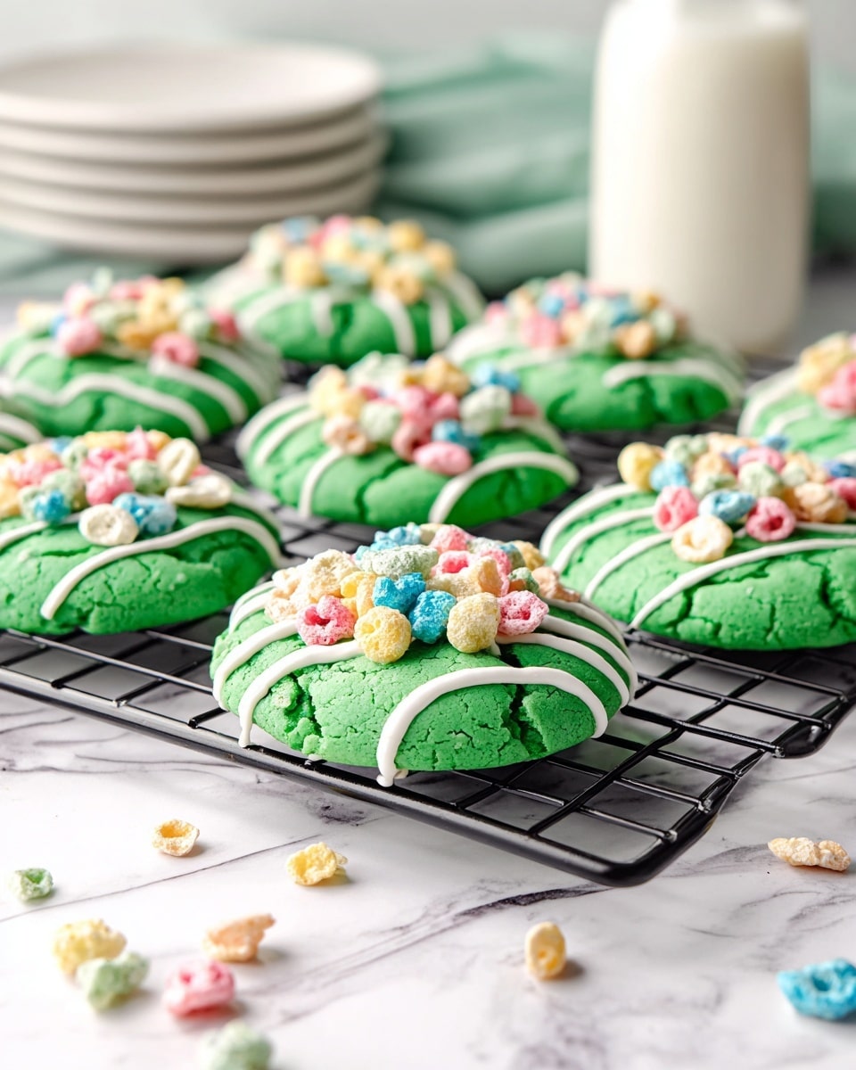 Green cookies are arranged on a black cooling rack placed on a white marbled surface. Each cookie has a bright green base with a smooth, slightly cracked texture, and is drizzled with thin white icing lines across the top. On top of each cookie, there are clusters of colorful cereal pieces in shades of pink, blue, yellow, and white, adding a crunchy, playful element. Some cereal pieces have also fallen on the white marbled surface around the rack. In the background, there is a blurred bottle of milk and a white plate stacked with more plates. Photo taken with an iphone --ar 4:5 --v 7