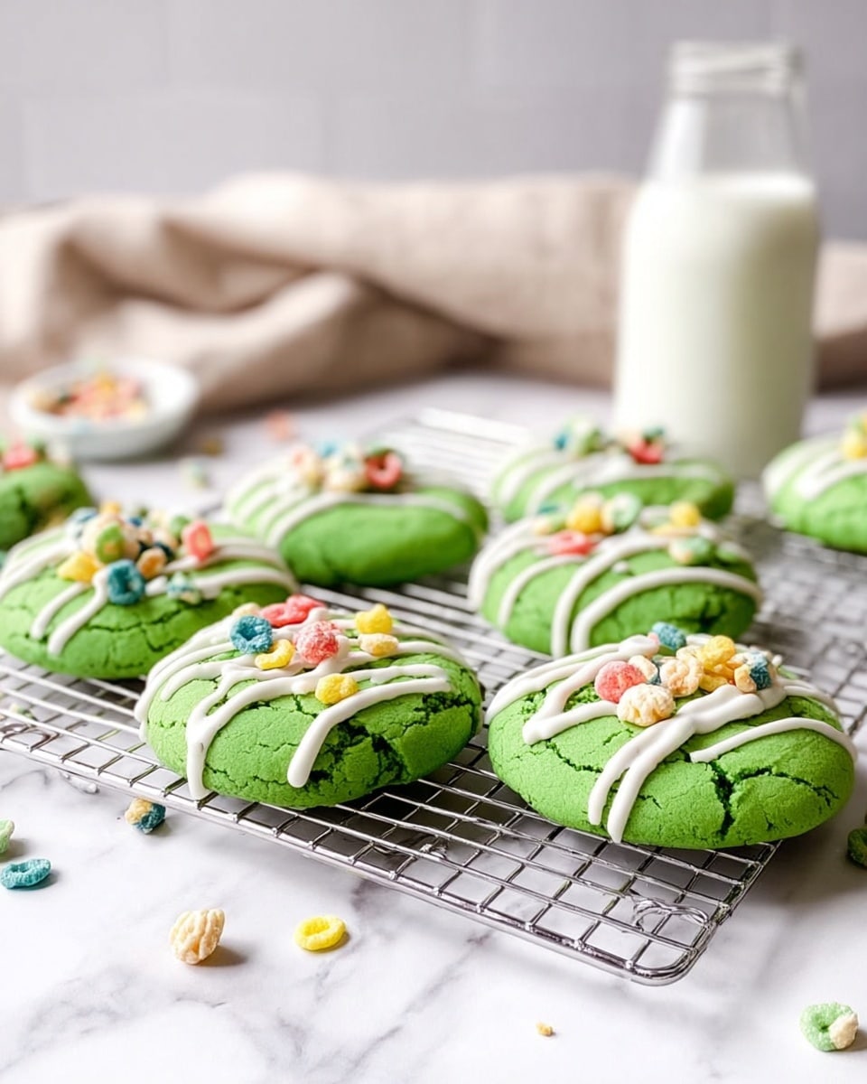 Seven bright green cookies are placed on a wire cooling rack set on a white marbled surface. Each cookie has two layers; the base layer is vibrant green and textured like a baked dough, while the top layer is made of thin white icing stripes drizzled in a diagonal pattern. On top of the icing, there are small clusters of colorful cereal pieces in red, blue, yellow, and beige, giving a crunchy look. In the background, slightly out of focus, is a clear glass bottle filled with milk and a soft beige cloth. Some scattered cereal pieces are around the cooling rack, adding to the casual setting. photo taken with an iphone --ar 4:5 --v 7