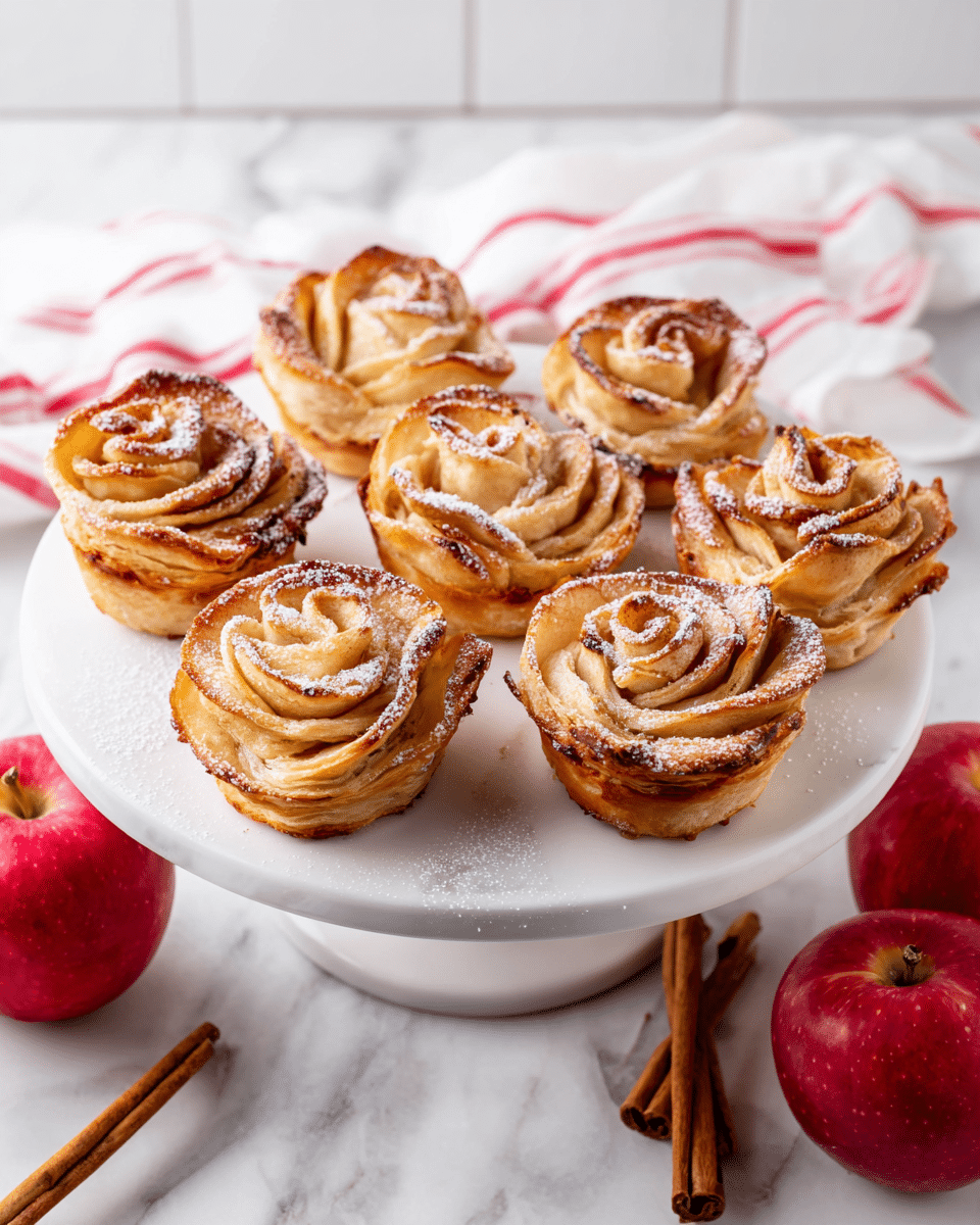 Seven apple rose pastries sit on a white cake stand with a smooth surface. Each pastry is shaped like a rose with several layers of thin, golden-brown apple slices arranged in curled, overlapping petals. The edges are slightly darker, showing crispiness, and the pastries are dusted with white powdered sugar. Underneath the rose petals, a light flaky pastry base is visible, showing thin, pale golden layers. The stand is placed on a white marbled texture surface, with two red apples in front and two cinnamon sticks to the right. A white towel with red stripes is placed casually in the background. Photo taken with an iphone --ar 4:5 --v 7