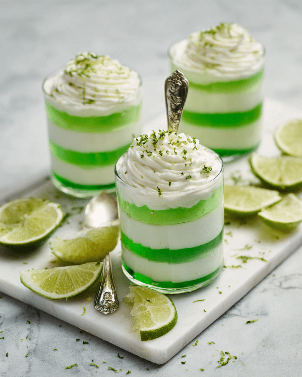 Three clear glass cups are shown, each with five layers starting from the bottom: a green jelly layer, a white creamy layer, another green jelly layer, another white creamy layer, and topped with a swirl of white cream sprinkled with green zest. The cups are placed on a white marbled surface, with one cup in front on a white cutting board along with lime wedges around it. A silver spoon with a decorative handle is inserted into the cream of the front cup. The overall look is fresh and vibrant with green and white colors. photo taken with an iphone --ar 4:5 --v 7