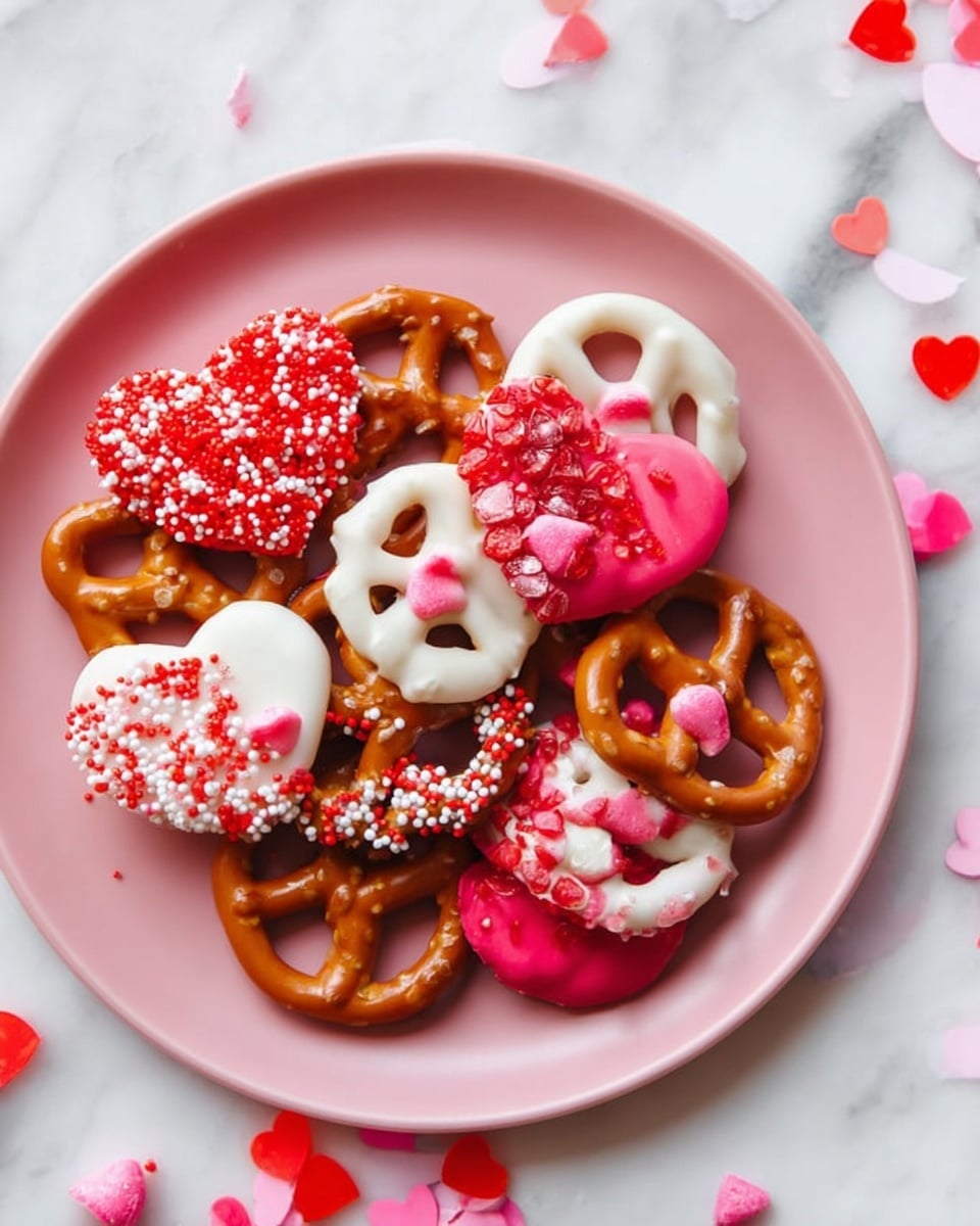A soft pink plate holds a pile of small pretzels, each half-dipped in colorful coatings. One layer shows shiny red sugar crystals on a white base, another bright white chocolate layer is topped with red sprinkles, and a smooth pink coating covers several pretzels. Some pretzels are dipped halfway in red chocolate, others in pure white, and a few have pink candy pieces. The pretzels are golden-brown, glossy, and hold the decorations on one half, leaving the other half plain. The plate sits on a white marbled surface with scattered pink and red candy confetti. Photo taken with an iphone --ar 4:5 --v 7