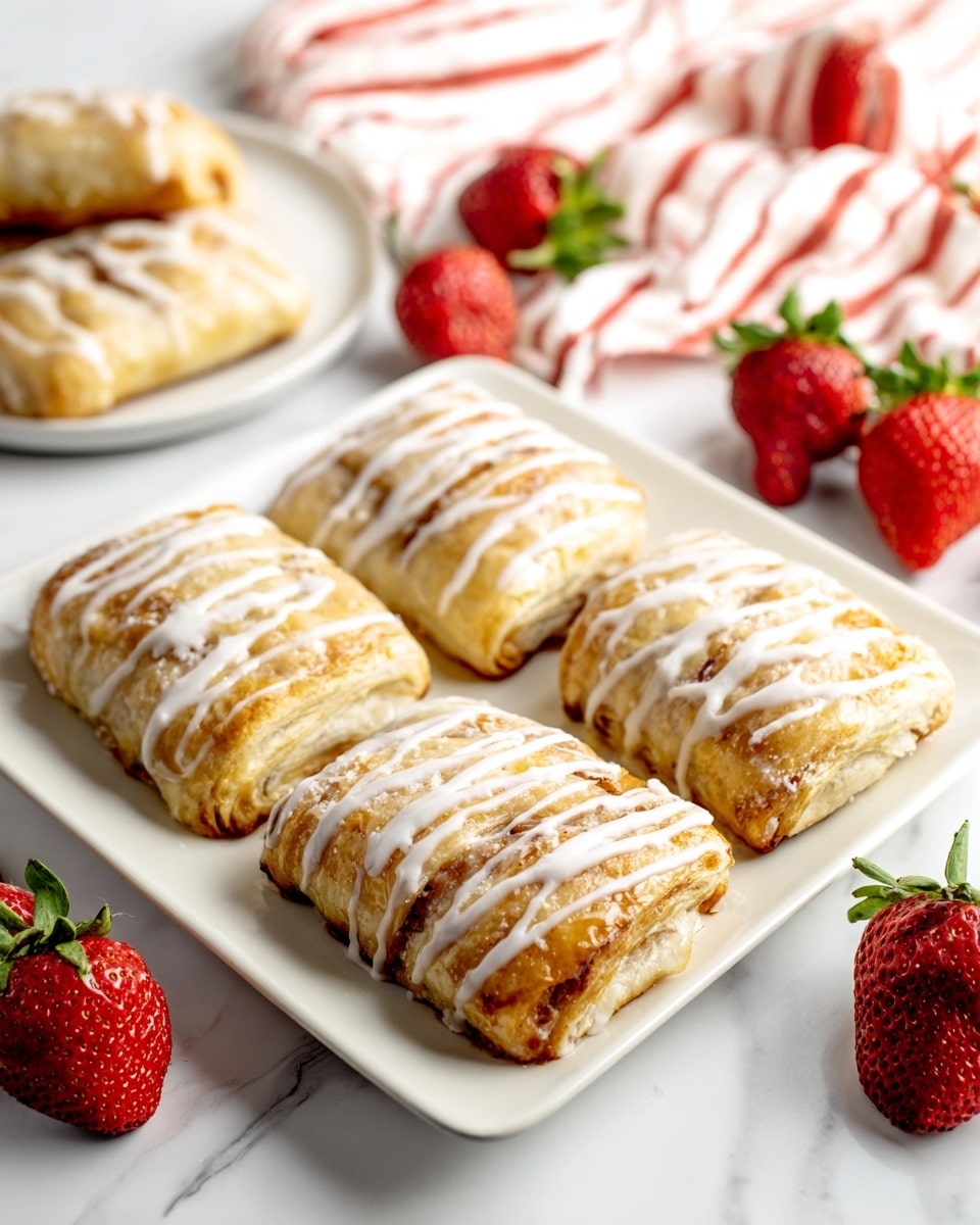 Four rectangular pastries with flaky, golden brown layers appear on a white rectangular plate. Each pastry is topped with white icing drizzled in thin stripes, adding a glossy contrast to the textured dough. Surrounding the plate are fresh, bright red strawberries with visible green leafy tops, placed on a white marbled surface. In the background, a white plate holds a few more of the same pastries, with a red and white striped cloth partially visible. The entire scene is bright and clean with soft natural light highlighting the flaky textures and vibrant strawberries. photo taken with an iphone --ar 4:5 --v 7