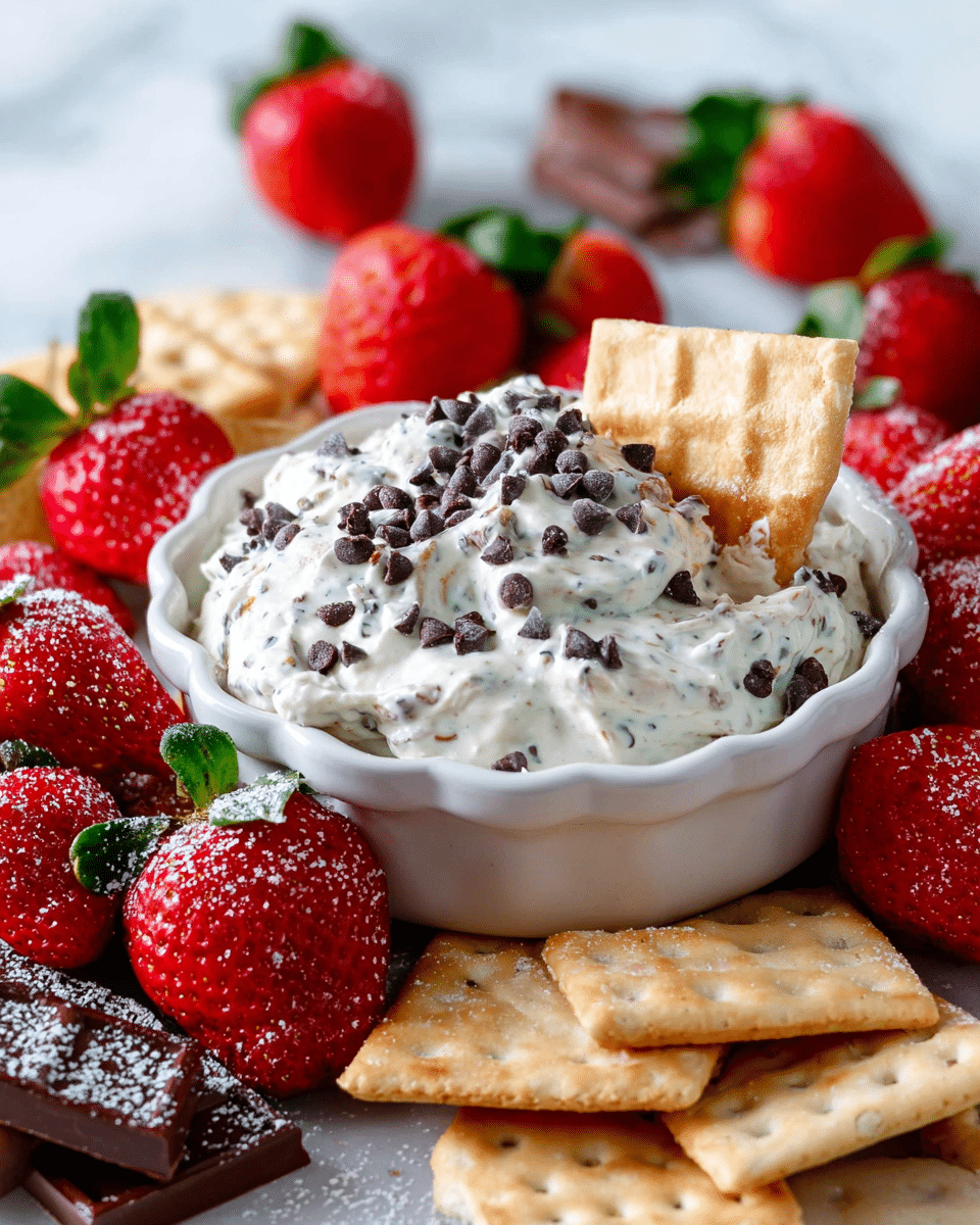 A white scalloped bowl filled with creamy, white cannoli dip that has small, dark chocolate chips scattered throughout and on top in a swirl pattern. Two tan waffle cookies are dipped into the bowl on the left side, with a red strawberry cut in half and placed on the left edge of the bowl. Around the bowl, there are bright red whole strawberries with green leaves, some dusted with powdered sugar. The background is a white marbled texture. photo taken with an iphone --ar 4:5 --v 7