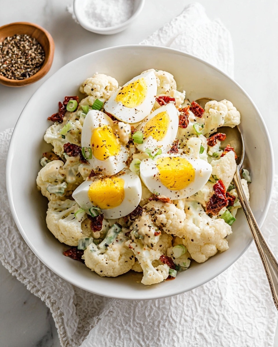 A white bowl filled with a cauliflower salad featuring multiple layers: large cauliflower florets with a creamy sauce form the base, mixed with small pieces of green onion and sun-dried tomatoes scattered throughout. On top, quartered hard-boiled eggs with yellow yolks and white edges are placed neatly, all sprinkled with cracked black pepper. The bowl sits on a white marbled surface with a white textured cloth nearby; in the background, small white dishes contain salt and black pepper. The overall look is fresh with a mix of white, green, yellow, and deep red colors, photo taken with an iphone --ar 4:5 --v 7