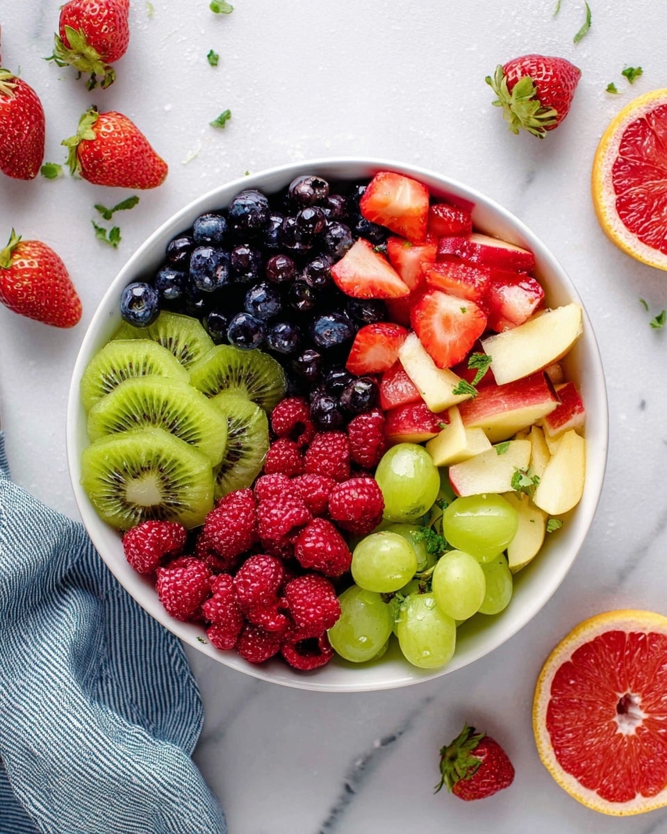 A white bowl filled with six sections of fresh fruit arranged separately: bright green kiwi slices with a soft texture stacked in one section, shiny dark blueberries forming a dense cluster in another, small red raspberry clusters piled neatly next to vivid red strawberry halves showing their seeds and juicy flesh, crisp slices of red and yellow apple pieces placed on the top right, and fresh green grapes, some whole and some cut in half, filling the bottom right. Small green herb leaves are lightly sprinkled over the fruits. The bowl sits on a white marbled surface with extra strawberries, grapes, raspberries, a halved kiwi, and a grapefruit around it. A blue and white striped cloth is partly visible in the top left corner. Photo taken with an iphone --ar 4:5 --v 7