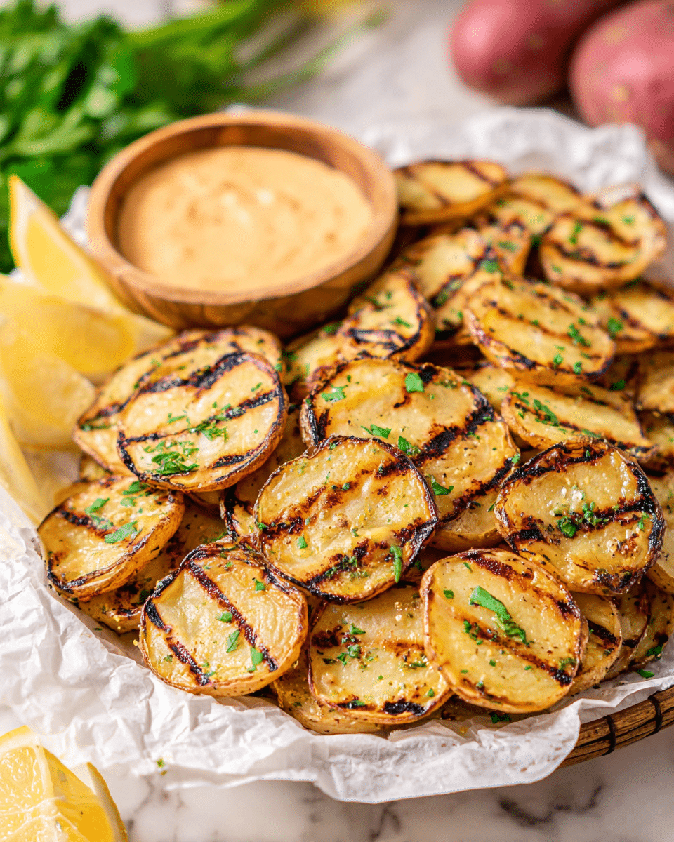 The image shows a white round plate lined with parchment paper holding many golden-brown grilled potato slices with dark grill marks, sprinkled with green chopped herbs. On the upper left side of the plate, three bright yellow lemon wedges are placed next to a wooden bowl filled with light orange creamy dipping sauce. The background has a white marbled texture with some out-of-focus red potatoes and green leafy elements. The overall look is fresh and warm. photo taken with an iphone --ar 4:5 --v 7