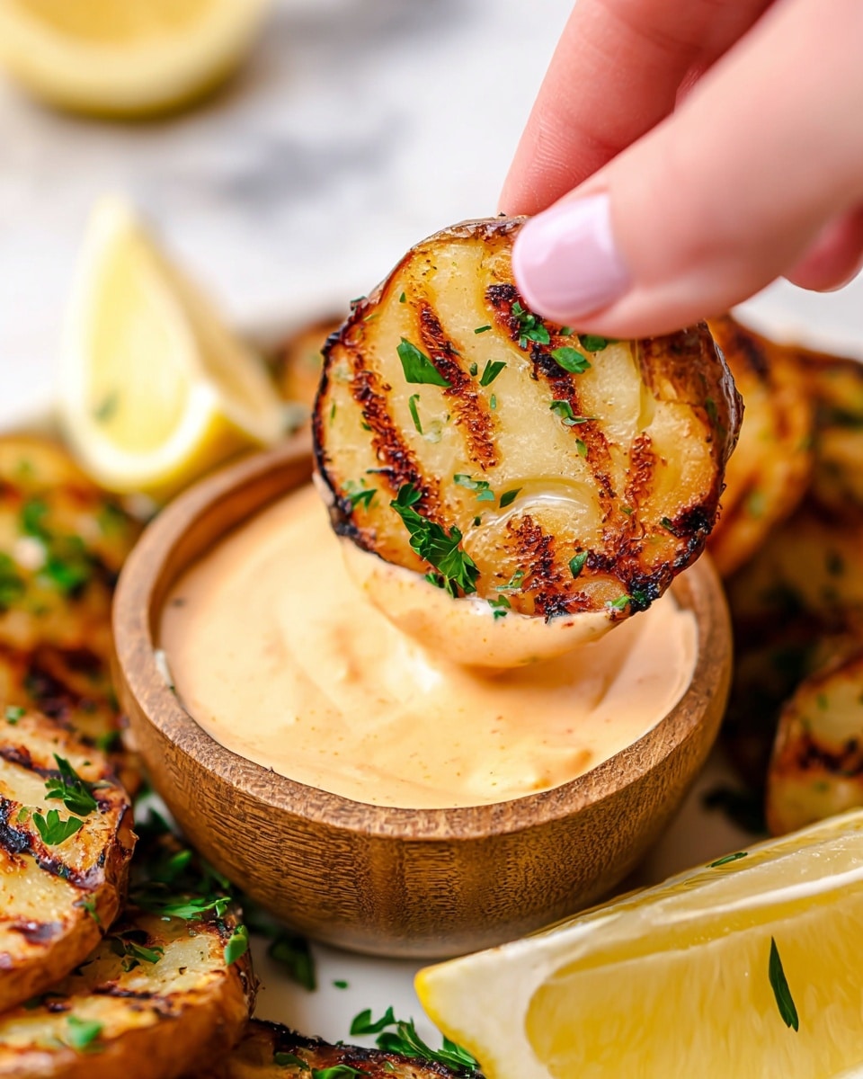 A close-up image of a grilled round potato slice with visible charred grill marks and small green parsley bits sprinkled on top, held by a woman's hand, being dipped into a light orange creamy sauce inside a small wooden bowl. The bowl is placed on a white marbled surface next to lemon wedges and other grilled potato slices garnished with parsley. photo taken with an iphone --ar 4:5 --v 7
