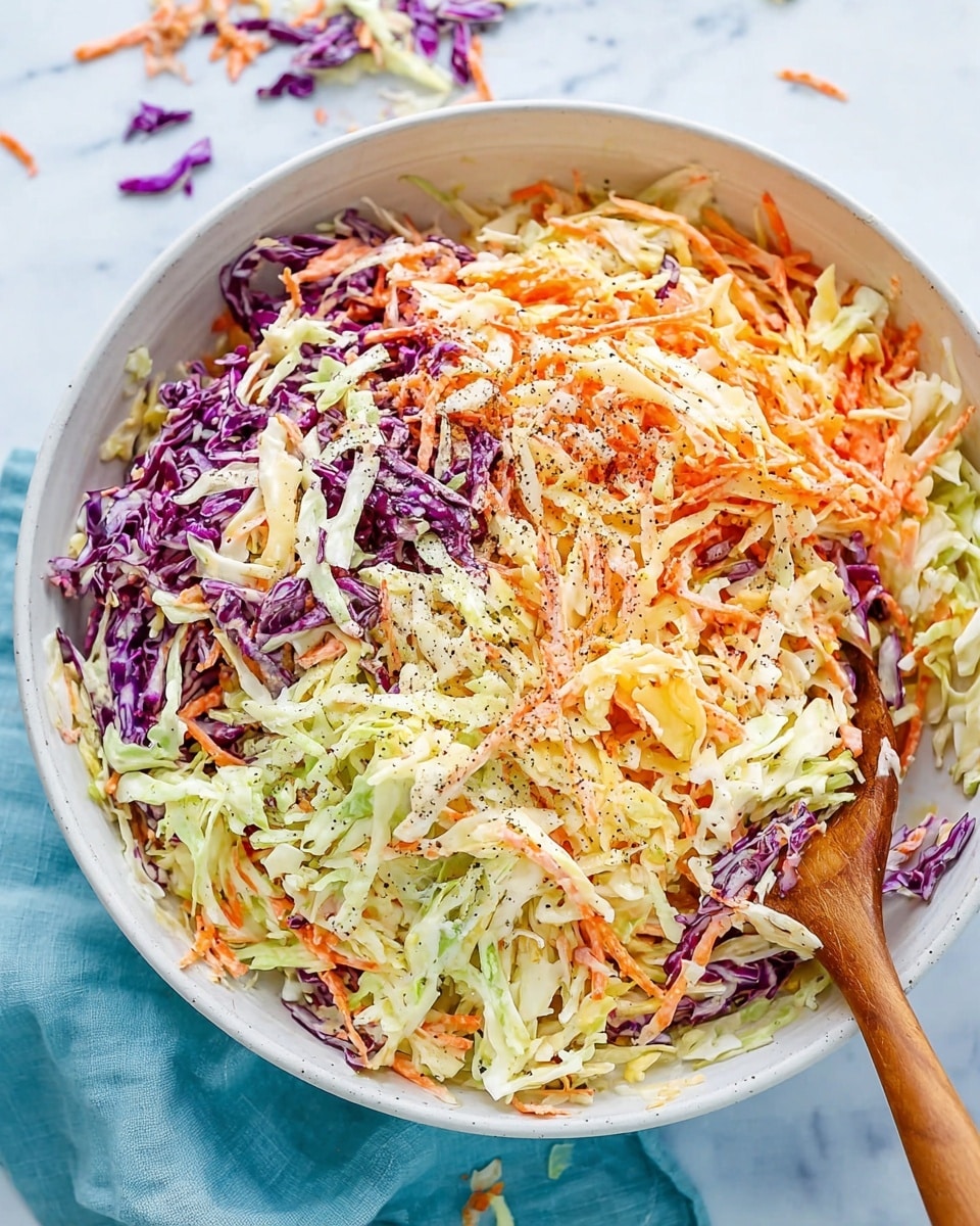 A large white bowl filled with a colorful coleslaw mix, showing three main layers of shredded vegetables: pale green cabbage, bright orange carrots, and deep purple cabbage, all lightly coated in creamy dressing. The shredded vegetables are thin and layered evenly with some black pepper sprinkled on top. A wooden spoon rests inside the bowl on the right side, partially submerged in the coleslaw. The bowl is on a white marbled surface with a light blue cloth nearby, and some coleslaw pieces scattered around. Photo taken with an iphone --ar 4:5 --v 7