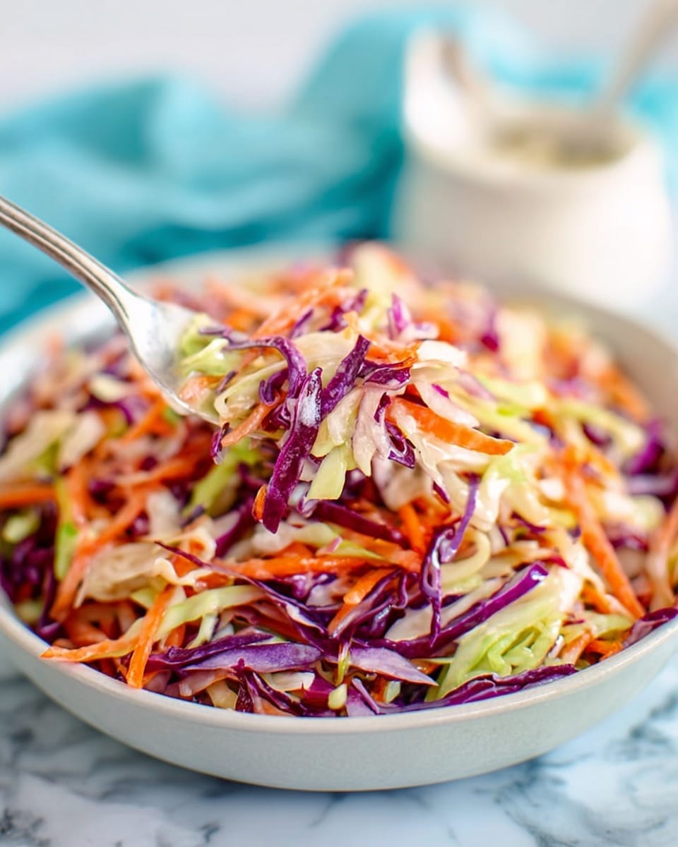 A close-up view of a salad made with shredded red cabbage, carrots, and green cabbage, all mixed evenly to show a colorful mix of purple, orange, and light green layers. These thin vegetable strips form a vibrant, textured pile inside a white bowl that sits on a white marbled surface. A fork holds a small amount of the salad lifted above the bowl, showing the fine details and freshness of the salad. In the background, there is a blurred light blue cloth and a white container with a spoon, keeping the focus on the salad. Photo taken with an iphone --ar 4:5 --v 7
