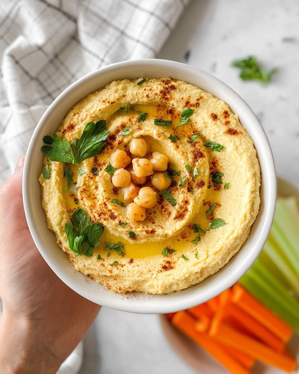 A white bowl filled with creamy, light yellow hummus with a smooth and slightly chunky texture, topped with a drizzle of golden olive oil, whole chickpeas, bright green parsley leaves, and a sprinkle of reddish-brown paprika, all arranged in a shallow swirl pattern; held by a woman's hand over a white marbled surface with a blurred white cloth with grid lines and a white bowl of orange carrot and pale celery sticks in the background. Photo taken with an iphone --ar 4:5 --v 7