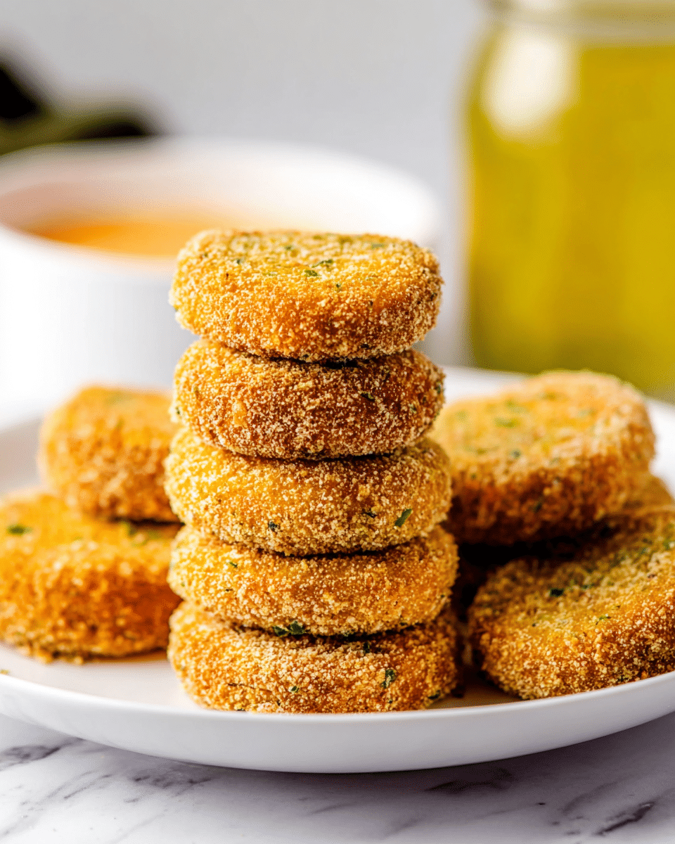 A stack of six golden brown fried patties with a rough, crumbly texture and small bits of green herbs is placed near the center of a white plate. The patties are circular and thick, with a crunchy, breaded outer layer. Around the stack, a few more patties lie flat on the plate, showing their consistent size and crumbly crust. In the background, there is a blurred white bowl filled with a light orange dipping sauce and a glass jar containing yellow liquid, all set against a white marbled surface. The light highlights the crispiness and warm color of the patties. photo taken with an iphone --ar 4:5 --v 7
