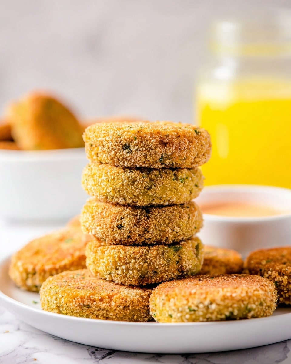 A stack of six round, golden-brown patties coated in crispy breadcrumbs sits neatly on a white plate, each patty showing hints of green herbs mixed in the coating. The patties have a crunchy textured surface with some uneven browning, suggesting they are baked or fried. Around the stack, more patties lay flat on the plate. In the slightly blurred background, there is a white bowl with a light orange dipping sauce and a glass jar filled with bright yellow liquid. The setting is on a white marbled texture, giving a clean and fresh look. Photo taken with an iphone --ar 4:5 --v 7