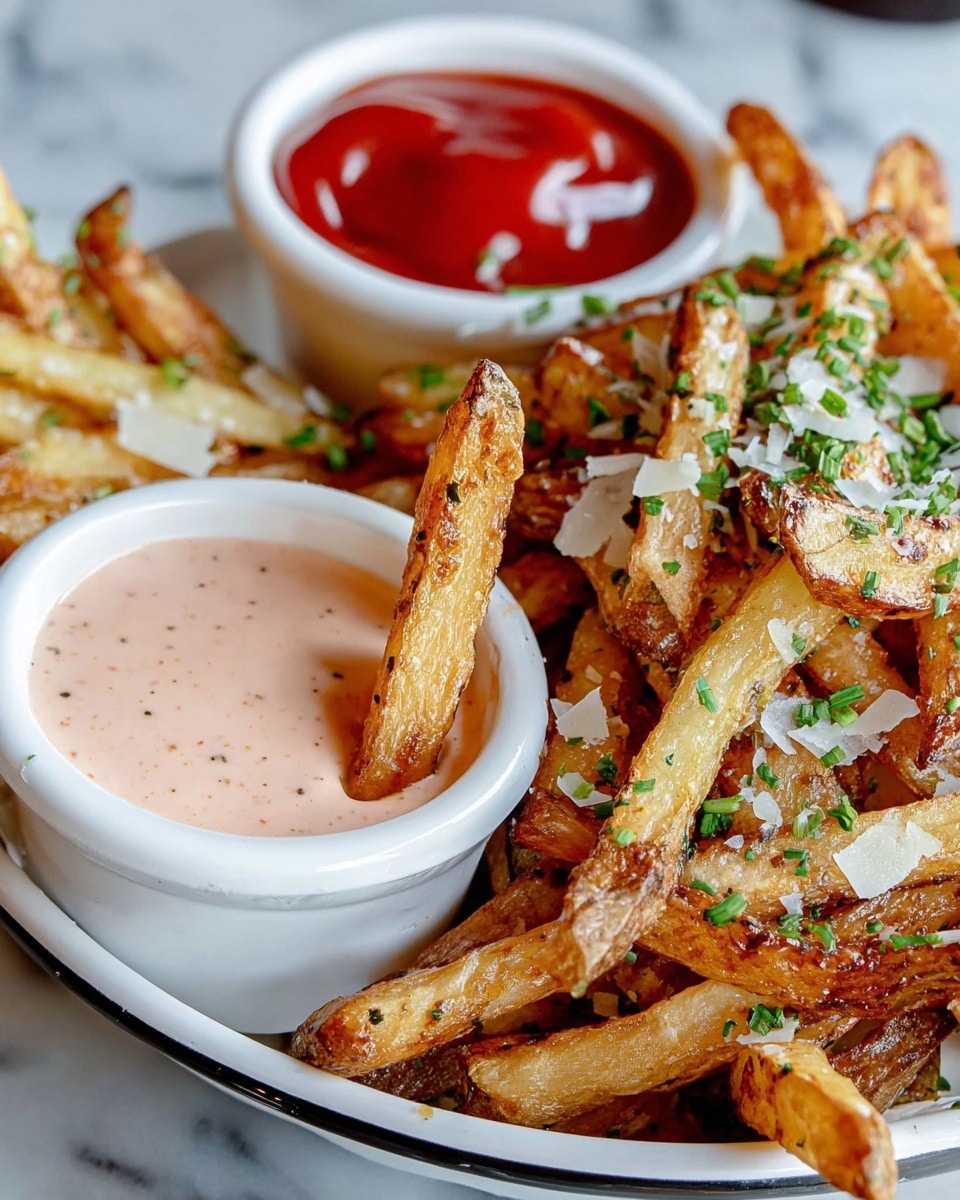 A close-up image of golden brown French fries sprinkled with chopped green herbs and small shavings of white cheese, arranged in a white dish with a thin black rim. Two fries are dipped into a small white cup with a thin black rim filled with a creamy, light pink sauce. Behind it, another white cup holds a bright red ketchup sauce. The dish is set on a surface with a white marbled texture. photo taken with an iphone --ar 4:5 --v 7