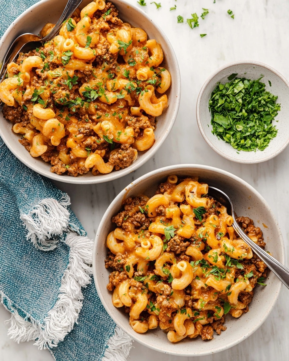 Two bowls of creamy elbow macaroni and ground beef mix sit on a white marbled surface, each bowl filled full with three layers: the base layer is soft, curved elbow macaroni in a light orange cheese sauce, the second layer shows cooked ground beef mixed evenly with the pasta, and the top layer is sprinkled with finely chopped green parsley, adding a fresh touch. Each bowl has a silver spoon resting inside, and to the side is a small white bowl filled with more chopped green parsley. Nearby is a blue and white striped fringed cloth. photo taken with an iphone --ar 4:5 --v 7