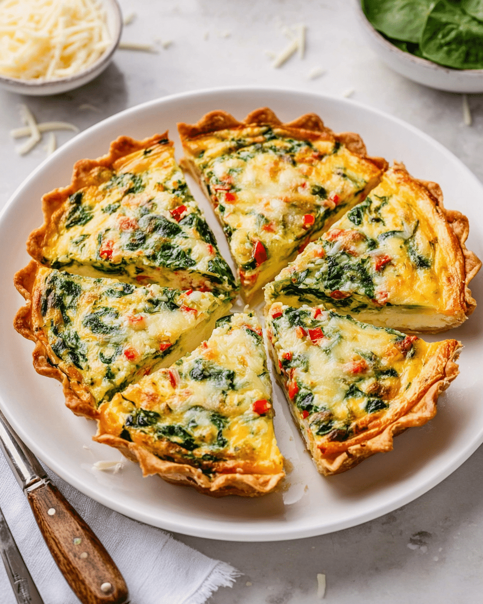 A white plate holds a round quiche cut into five slices, each slice showing a golden-brown baked crust as the base layer, with a creamy yellow egg mixture forming the next layer. Throughout the egg layer, there are visible pieces of green spinach and small red bell pepper bits, adding color and texture. The surface has slightly melted and browned cheese, giving a light crispy texture. The edges of the crust are wavy and lifted, and the quiche sits on a white marbled table surface. Nearby, a silver fork with a wooden handle lies to the left, and a small bowl with shredded white cheese and scattered spinach leaves are seen in the blurred background. Photo taken with an iphone --ar 4:5 --v 7