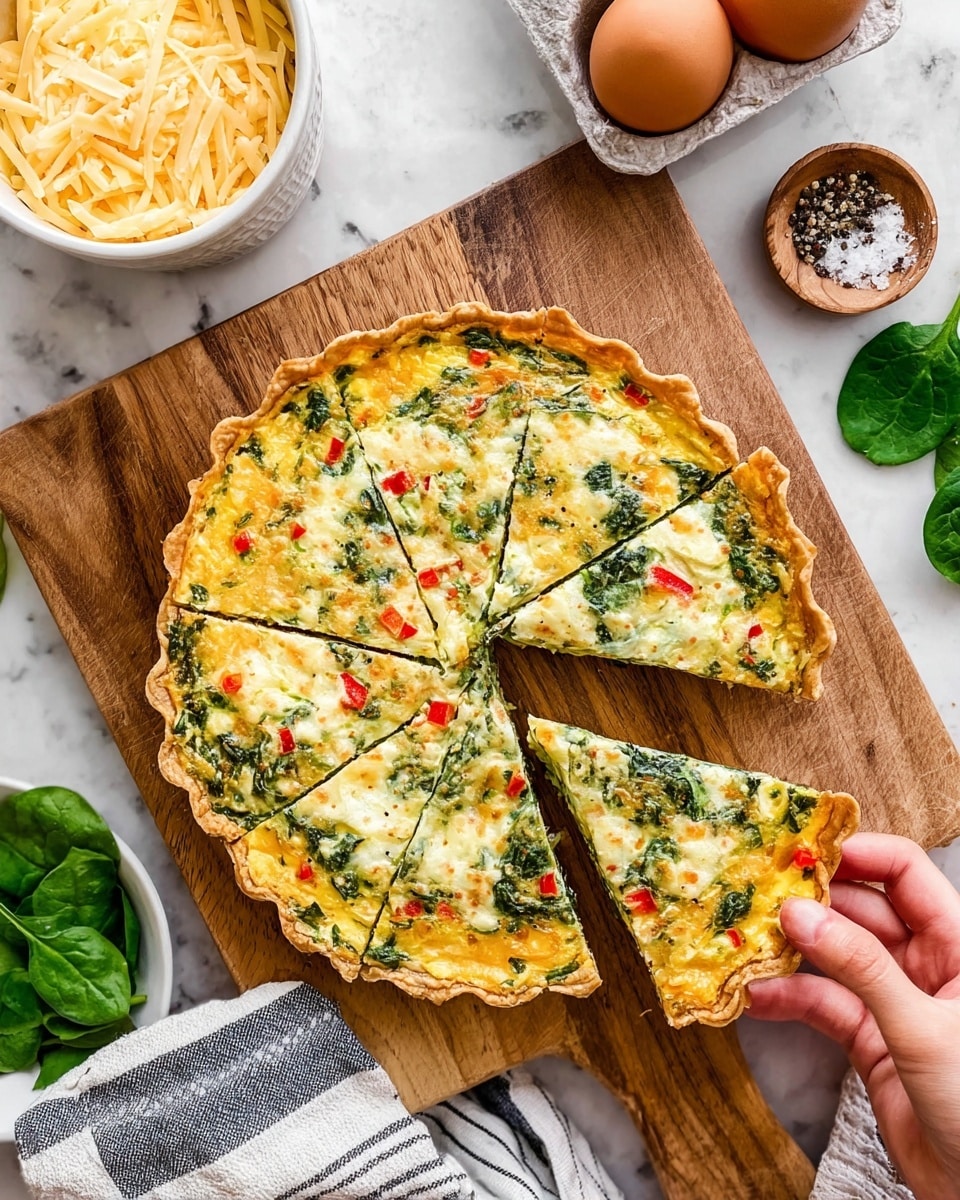 A sliced quiche with a golden brown crust, topped with melted yellow and white cheese mixed with green spinach pieces and small red bell pepper bits, placed on a wooden cutting board. Four slices are shown, with a woman's hand holding one slice at the bottom right. Surrounding the quiche are a white bowl of shredded cheese, two brown eggs in a white ceramic holder, a striped towel, fresh spinach leaves, and a small white bowl containing salt and pepper on a white marbled surface. photo taken with an iphone --ar 4:5 --v 7