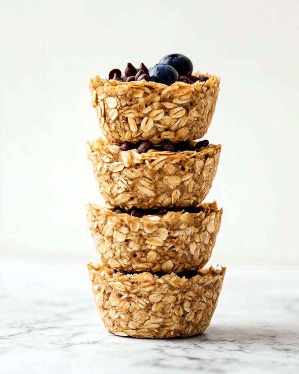 A tall stack of four oatmeal cups is shown against a white background, placed on a white marbled surface. Each oatmeal cup is light brown with a coarse texture, showing visible oat flakes tightly packed together. The top cup has a few small dark chocolate chips sprinkled on its surface. Between the top and second cup, there are a couple of dark blueberries peeking out. The cups gradually form a neat vertical stack, with each layer retaining the same size and texture. The image is clean, bright, and focused on the natural look of the oatmeal cups. photo taken with an iphone --ar 4:5 --v 7