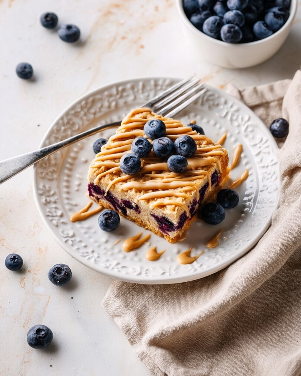 A square piece of blueberry dessert sits centered on a white plate with delicate patterns. The dessert has three visible layers: the bottom layer is dark purple with blueberries inside, the middle layer is golden brown with a crumbly texture, and the top layer is drizzled with light brown sauce in thin lines. Fresh blueberries are scattered on and around the dessert. To the left of the plate, a silver fork rests on a beige cloth napkin, which lies on a white marbled surface. A small white bowl filled with blueberries appears in the upper left corner, alongside a few scattered blueberries on the surface. photo taken with an iphone --ar 4:5 --v 7