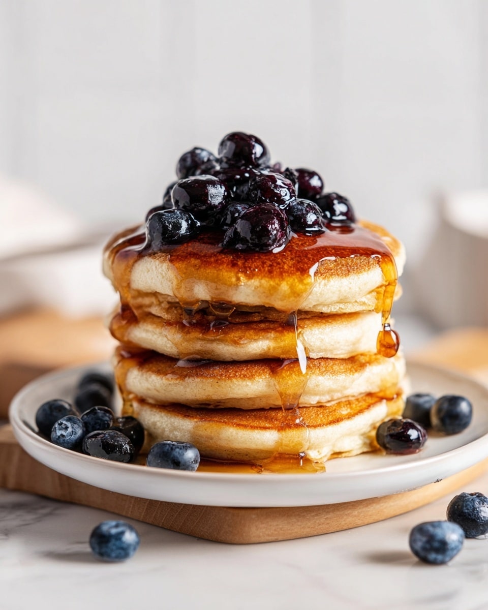 A stack of four golden brown pancakes sits on a white plate, each pancake fluffy with slightly crispy edges. On top, there is a pile of glossy, dark blueberries covered with amber-colored syrup that drips down the sides of the pancakes. More blueberries are scattered around the base of the plate on a white marbled surface. The syrup highlights the texture of the pancakes and berries, adding a shiny, sticky layer to the top and sides. The background is softly blurred with a light and clean look. photo taken with an iphone --ar 4:5 --v 7