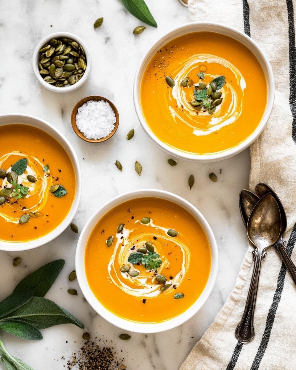 Three white bowls filled with smooth, thick orange soup sit on a white marbled texture. Each bowl has a swirl of white cream on top, decorated with green pumpkin seeds and small fresh green leaves scattered over the surface. Around the bowls, there are loose pumpkin seeds, green leaves, a small white bowl of pumpkin seeds, a small white dish of coarse salt and black pepper, and two aged metal soup spoons. A cream-colored cloth with black stripes is in the top right corner. The scene looks bright and clean. photo taken with an iphone --ar 4:5 --v 7