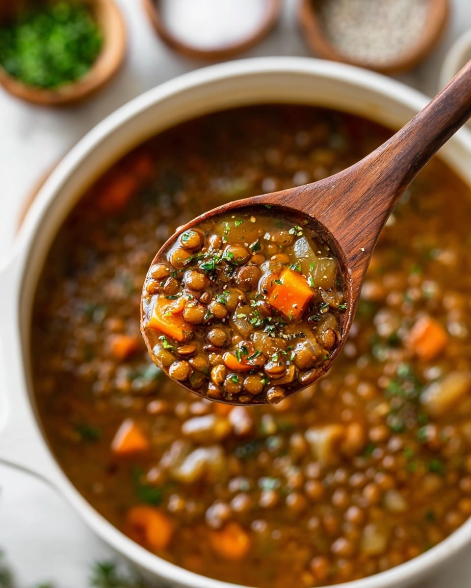 A white bowl filled with thick lentil soup showing one layer of small brown lentils, orange carrot cubes, light translucent onion pieces, and small green herb bits in brown broth. A wooden spoon in the soup holds a close-up of the same ingredients with a glossy surface. The bowl rests on a white marbled texture surface with blurred background of small bowls of herbs and salt. photo taken with an iphone --ar 4:5 --v 7