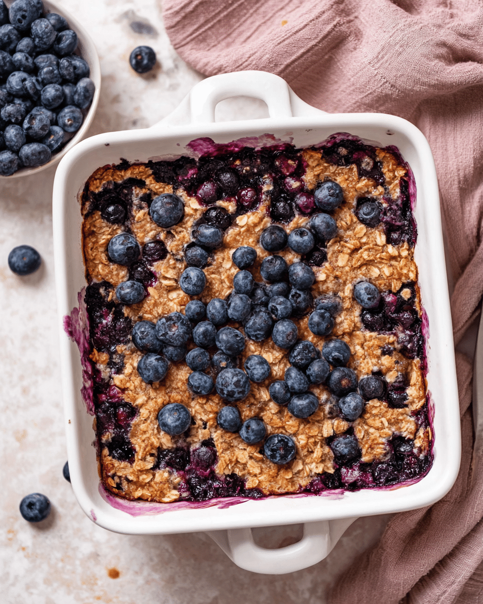 A white square baking dish filled with a blueberry oat bake, showing one thick layer with a golden brown oat texture mixed with baked blueberries throughout, some of which have burst and released purple juice along the edges. Fresh whole blueberries are scattered on top, adding bright blue color and a fresh look. The dish rests on a white marbled texture with a folded dusty pink cloth nearby, and a small white bowl of fresh blueberries is partially visible in the top left corner. Photo taken with an iphone --ar 4:5 --v 7
