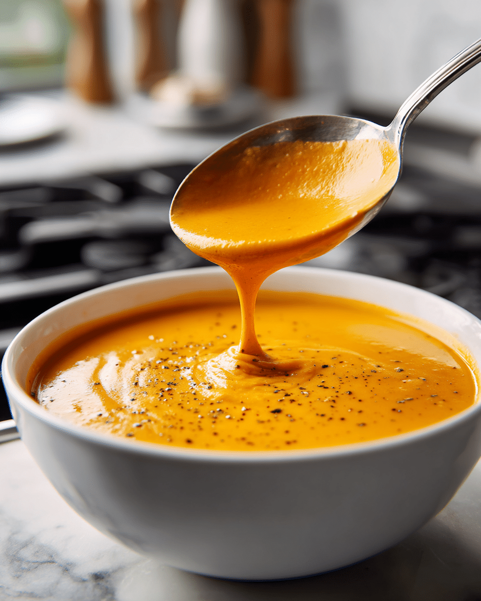 A close-up view of creamy orange soup in a smooth white bowl filled almost to the top, with small black specks scattered on the surface. A shiny metal ladle lifts thick soup from the bowl, with some of it slowly dripping back, showing a rich, velvety texture. The background shows a stovetop with blurred kitchen items, all set on a white marbled surface. photo taken with an iphone --ar 4:5 --v 7