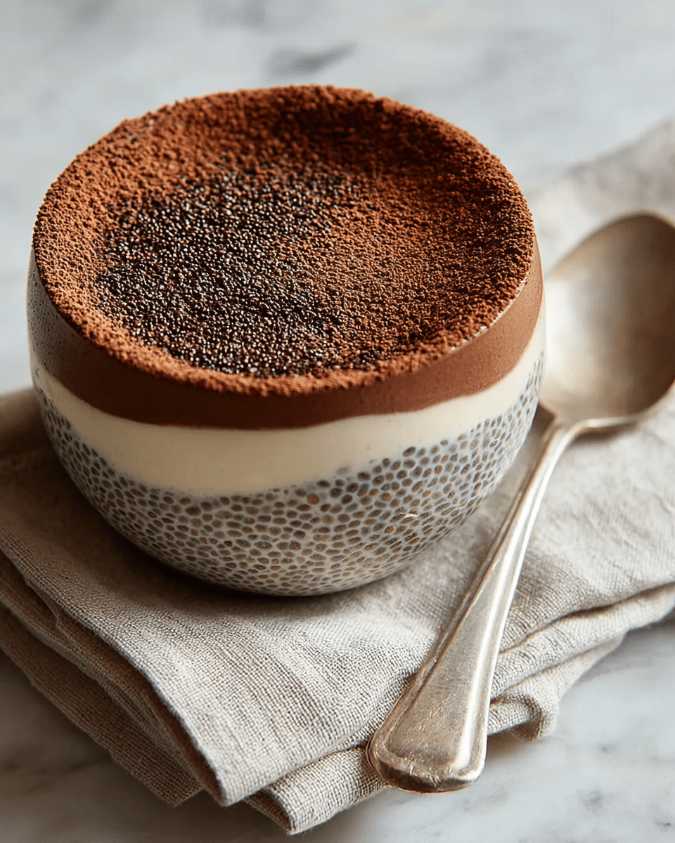 A small white bowl with three visible layers sits on a folded beige cloth next to a silver spoon on a white marbled surface. The bottom layer is a thick, gray chia seed pudding with visible chia seeds creating a small, bumpy texture. Above that is a smooth, dark brown cocoa or chocolate layer, followed by a creamy, pale beige layer that looks soft and slightly thick, near the top rim of the bowl. The top is dusted fully with fine cocoa powder, adding a rich, dark brown color and a slightly rough texture. Photo taken with an iphone --ar 4:5 --v 7