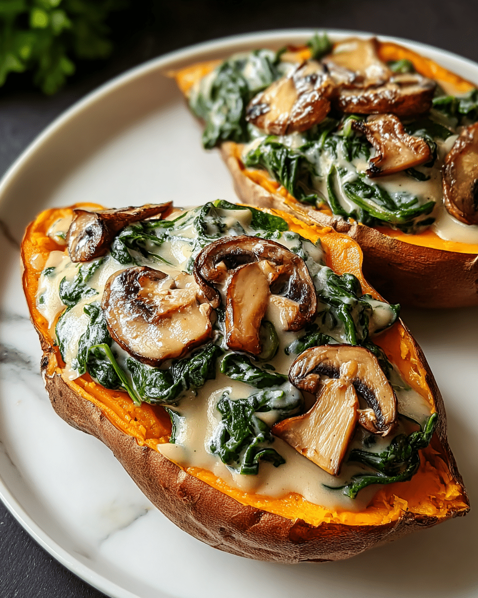 The dish shows two halves of a baked sweet potato with a slightly wrinkled, brown skin and bright orange soft inside. On top of each half is a layer of cooked dark green spinach, followed by a creamy beige sauce with browned, tender mushroom slices placed generously over the spinach. The food sits on a simple white plate, all set on a white marbled surface. Photo taken with an iphone --ar 4:5 --v 7