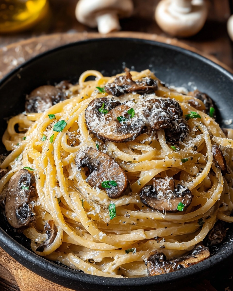 The image shows a black bowl filled with a creamy pasta dish. The pasta strands are thick and pale yellow, coated with a creamy sauce. On top and mixed throughout are dark brown, sliced mushrooms with a slightly glossy texture. Small pieces of green herbs are scattered across the pasta, adding a fresh contrast. The dish is sprinkled with finely grated cheese that looks soft and powdery. The bowl sits on a wooden surface, with some whole mushrooms blurred in the background. photo taken with an iphone --ar 4:5 --v 7