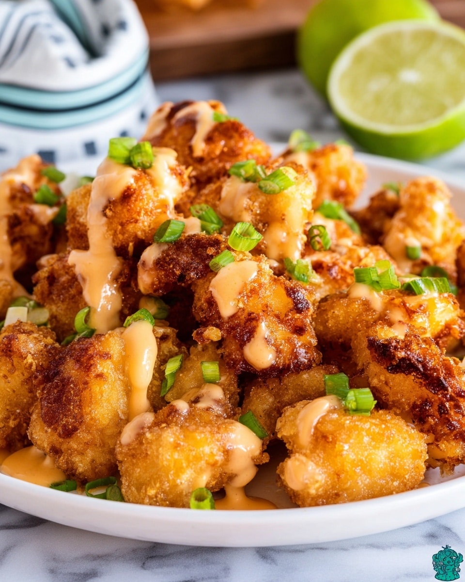 The image shows a white plate filled with golden-brown crispy fried chicken bites, each piece coated with a creamy light orange sauce. The chicken pieces have a crunchy texture with some darker browned spots. Scattered over the top are small, bright green chopped scallions adding fresh color contrast. In the background, there is a hint of a sliced lime wedge and blurred elements on a white marbled surface. photo taken with an iphone --ar 4:5 --v 7