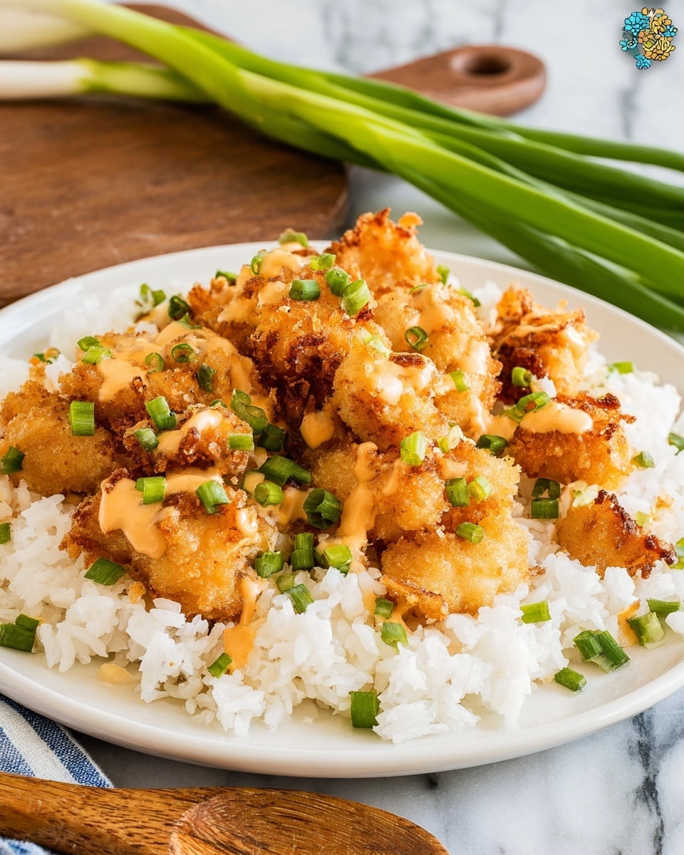 A white plate holds a dish with two main layers: the bottom layer is fluffy white rice topped with chopped green onions, adding a fresh pop of green. The top layer features crispy, golden-brown fried chicken pieces coated with a light drizzle of creamy, orange-colored sauce also sprinkled with green onions. The plate is set on a white marbled textured surface, and there are wooden utensils and green onion stalks in the background. photo taken with an iphone --ar 4:5 --v 7