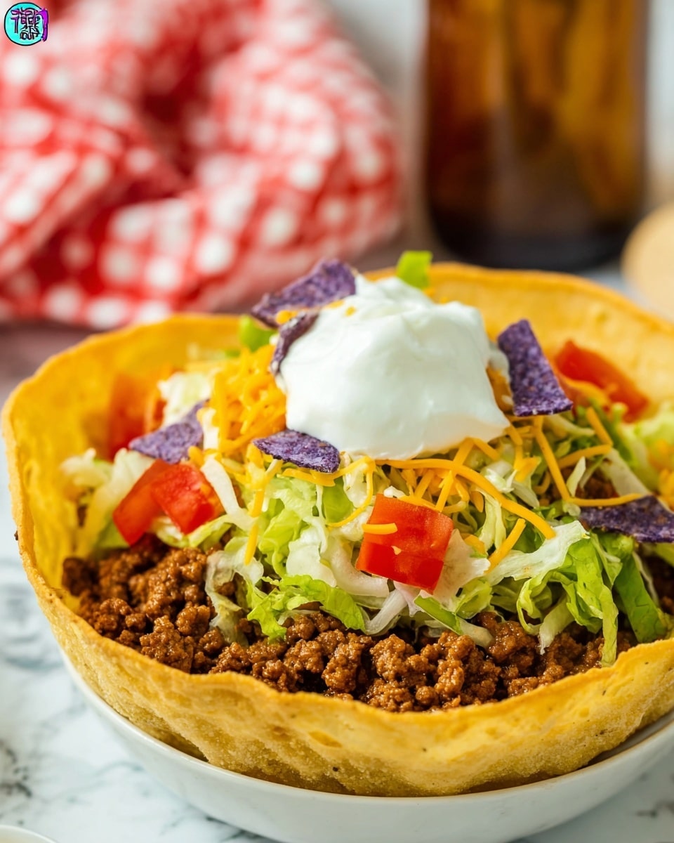 A white taco bowl filled with layers starting from the bottom with a crispy golden shell, followed by a layer of seasoned ground beef that looks crumbly and browned. On top of the beef is a mix of shredded lettuce in light green, chopped red tomatoes, and shredded yellow and white cheese. There are also thin slices of purple tortilla chips scattered among the toppings. The highest layer is a dollop of white sour cream placed right in the center. The taco bowl sits on a white marbled surface with a blurred red and white checkered cloth and a brown glass bottle in the background. Photo taken with an iphone --ar 4:5 --v 7