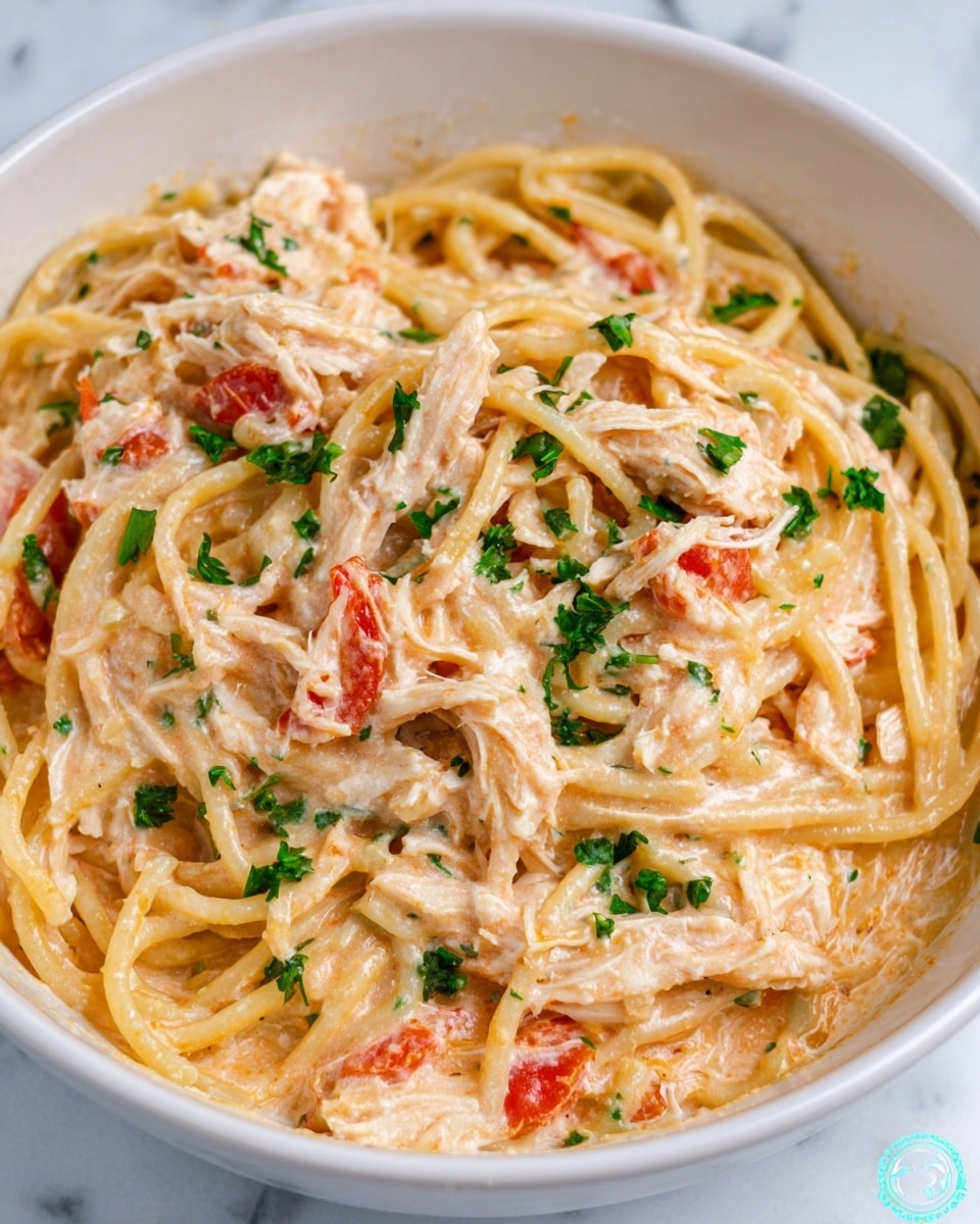 The image shows a close-up of a bowl with creamy spaghetti pasta mixed with light orange sauce, shredded white chicken, and small red tomato pieces. The pasta strands are long and slightly twisted, sitting evenly throughout the creamy sauce. Fresh green chopped parsley is sprinkled on top, adding a touch of color contrast. The bowl is white, and the dish looks fresh with a smooth, creamy texture covering each part. The background and surface have a white marbled texture. photo taken with an iphone --ar 4:5 --v 7