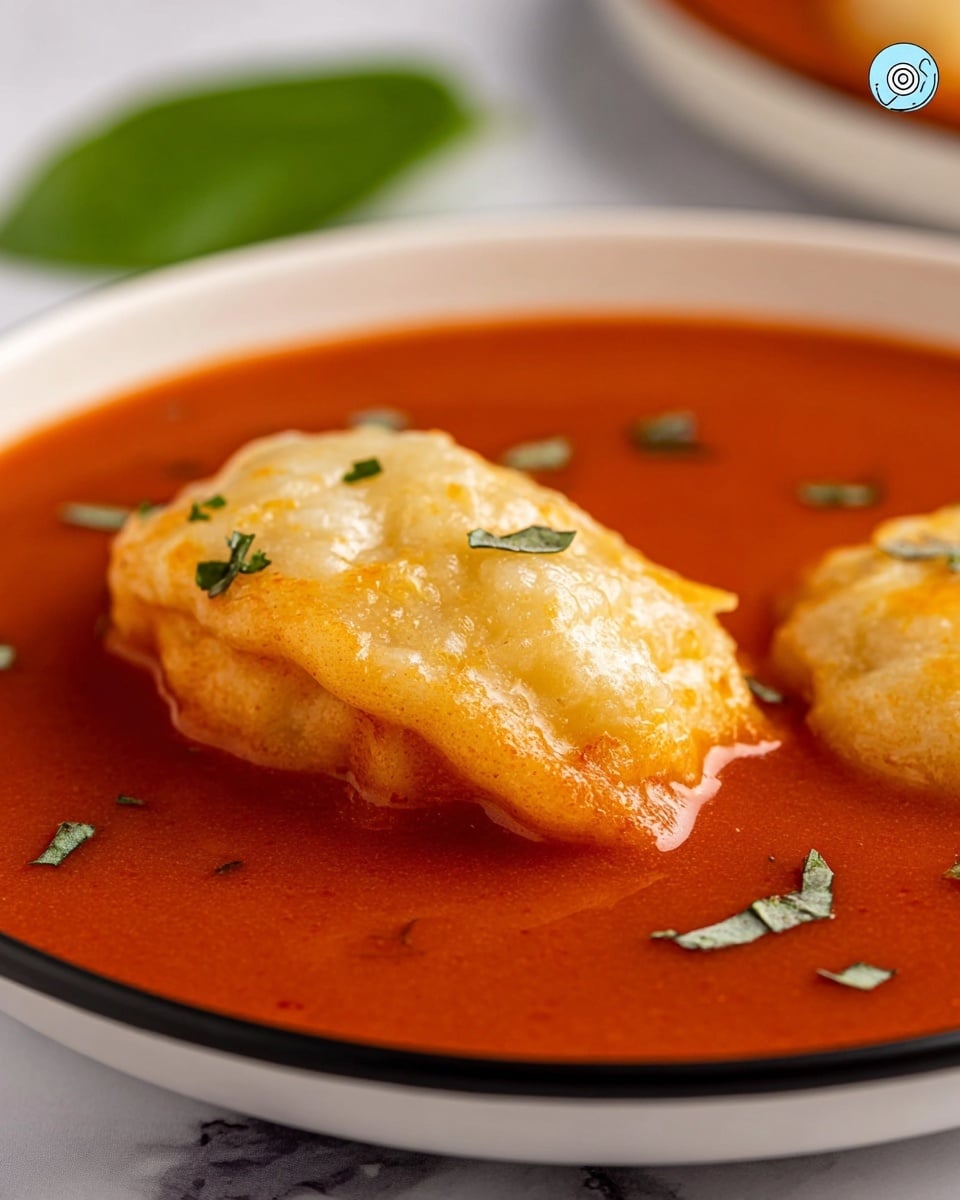 The image shows a close-up of a white bowl with a thin black rim filled with smooth, bright red tomato soup. Floating on top of the soup are two light golden brown dumplings with a soft and fluffy texture, slightly soaked in the soup. Small green herb sprinkles are scattered on both the dumplings and the soup, adding a bit of contrast. In the background, there is a slightly blurred green leaf on a white marbled surface. photo taken with an iphone --ar 4:5 --v 7