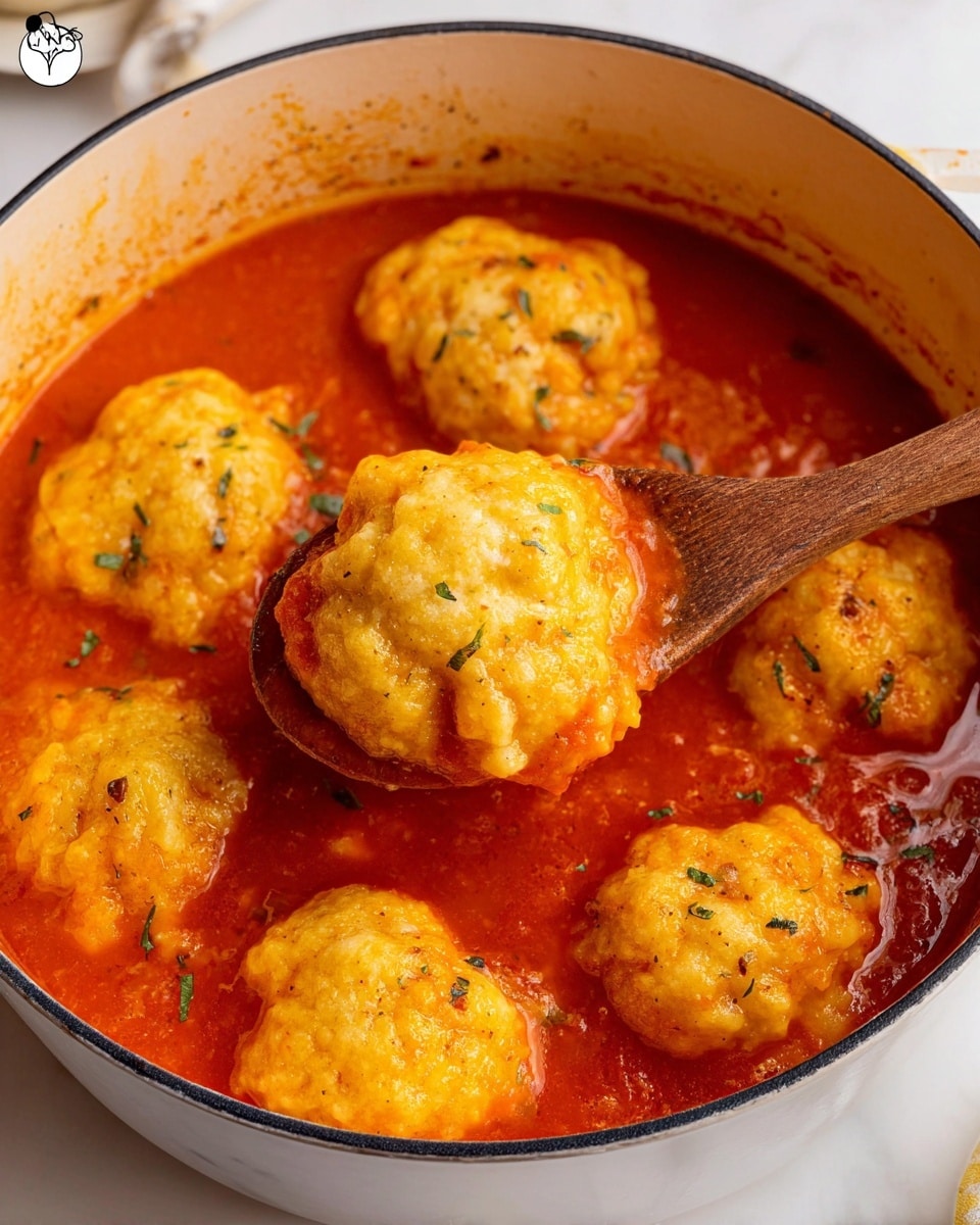 The image shows a white pot filled with bright orange-red tomato sauce with soft, puffed dough dumplings floating in it. There are about seven dumplings in the pot, each having a golden yellow color with a slightly rough texture and small green herb pieces sprinkled on top. A wooden spoon is lifting one dumpling out of the sauce, showing its fluffy and thick texture soaked a little with the sauce. The pot rests on a white marbled surface, with some sauce splashes visible around the edges. photo taken with an iphone --ar 4:5 --v 7