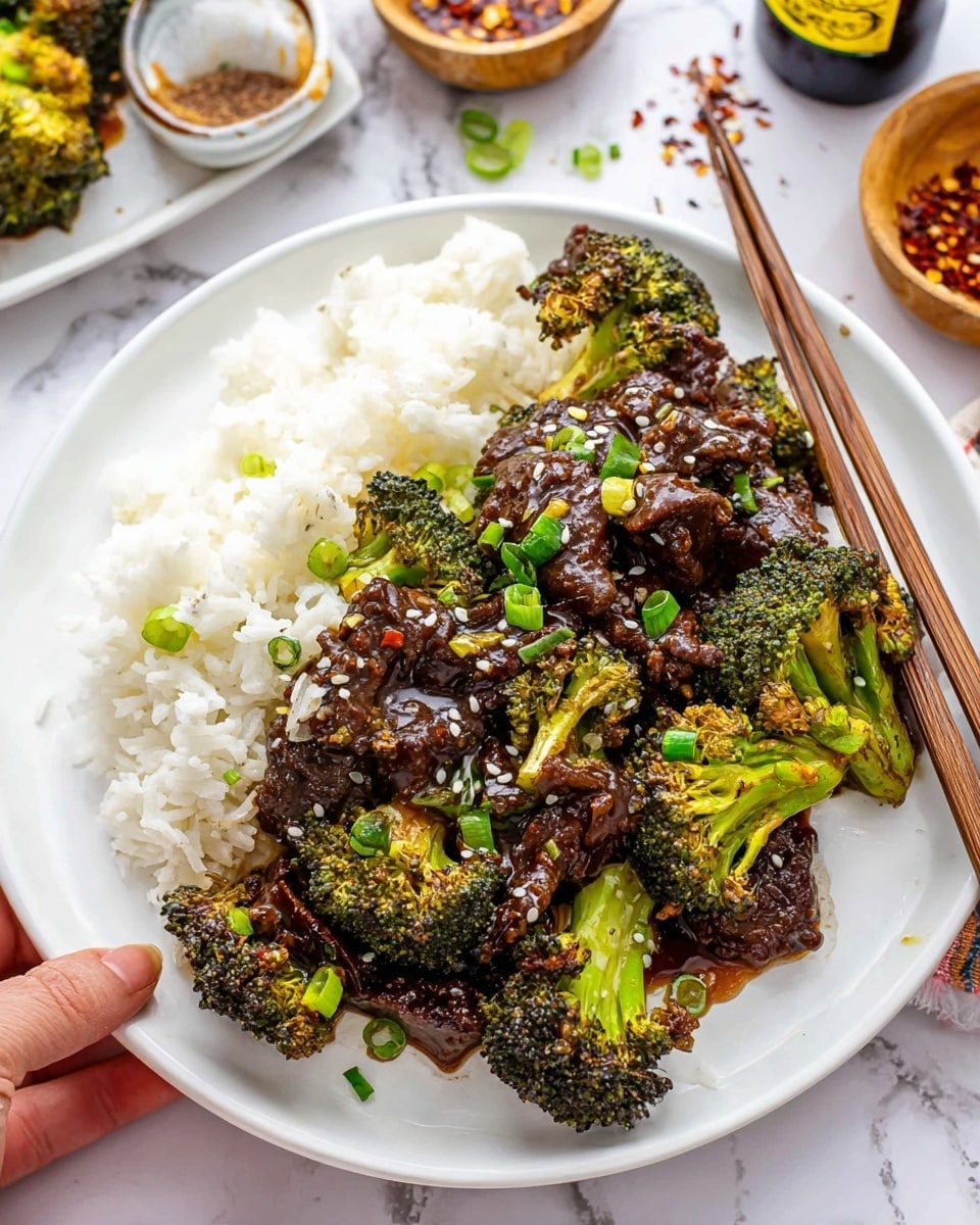 A white plate holds a layered dish starting with a base of fluffy white rice on the bottom left side. On top, there is a mix of dark brown, glossy beef pieces covered in a thick sauce, interspersed with bright green and slightly charred roasted broccoli florets all around the beef. The dish is garnished with small bits of chopped green onions and sprinkled with white sesame seeds. To the right of the plate, a pair of brown wooden chopsticks rests on the edge. The background is a white marbled texture with small bowls of red chili flakes, ground spices, and salt, along with a bottle of soy sauce visible near the top right corner. photo taken with an iphone --ar 4:5 --v 7