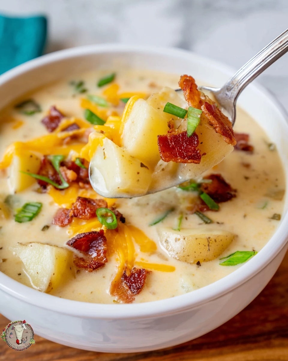 A close-up view of a white bowl filled with creamy soup, showing chunky pale yellow potato pieces as the main layer in a smooth, light cream base. On top of the soup are small bright yellow melted cheese shreds and crispy reddish-brown bacon bits, along with scattered fresh green onion pieces adding a pop of color. A silver spoon holds a scoop displaying all layers, highlighting the thick and rich texture. The white bowl sits on a wooden base, with a white marbled surface underneath. photo taken with an iphone --ar 4:5 --v 7