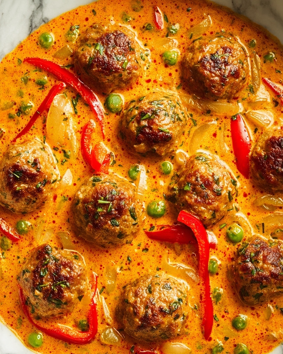 The image shows a dish with several round meatballs, lightly browned and speckled with herbs, floating in a thick, creamy orange sauce. The sauce is mixed with small green peas, thin slices of white onion, and strips of red bell pepper, all spread evenly around the meatballs. The sauce has a smooth, slightly oily texture with subtle red specks throughout. The dish is seen closely, capturing the rich, hearty look of the sauce and the slightly rough texture of the meatballs. The background is a white marbled texture. photo taken with an iphone --ar 4:5 --v 7