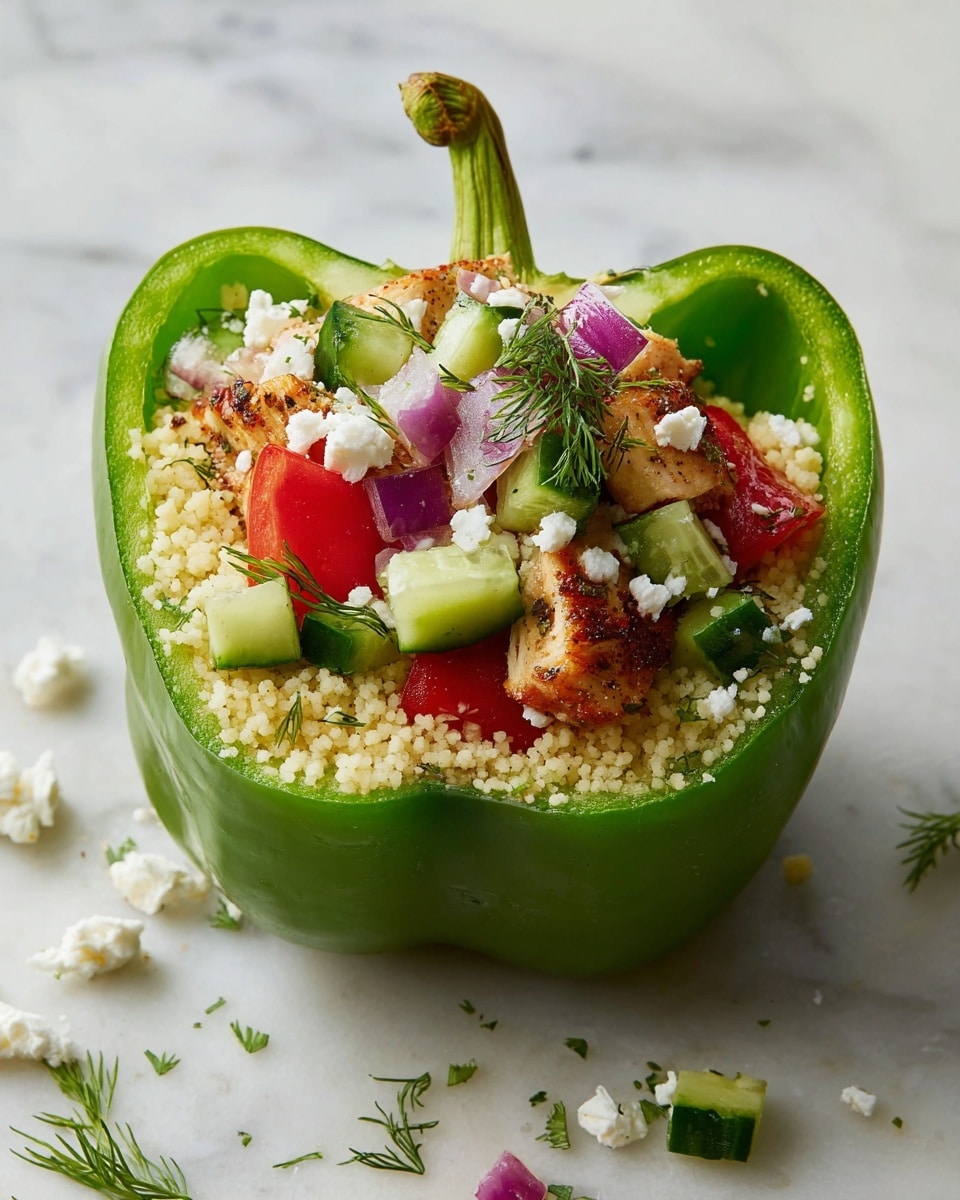 A fresh green bell pepper is cut in half horizontally with the stem still attached, acting as a bowl with smooth inner walls. Inside, there is a base layer of small pale yellow couscous evenly filling the bottom. On top of the couscous, there are several colorful layers including diced cucumbers in dark and light green, small cubes of bright red tomatoes, small pieces of grilled chicken with a golden brown and slightly charred texture, and purple-red chopped onions scattered throughout. There are soft white chunks of feta cheese sprinkled over the top along with small green dill herb sprigs scattered inside and around the pepper. The bell pepper is placed directly on a white marbled surface with some extra bits of feta and herbs around it. photo taken with an iphone --ar 4:5 --v 7