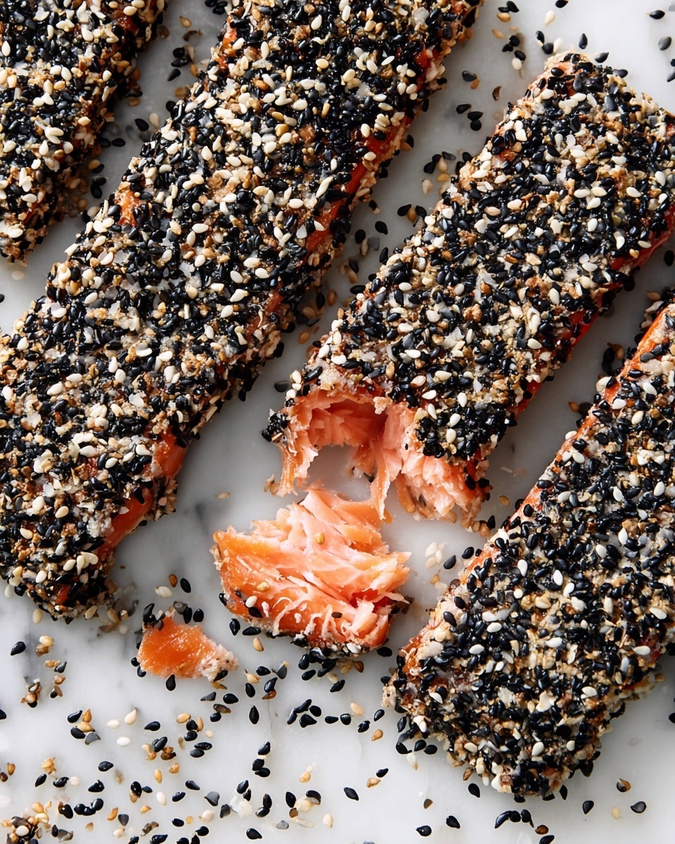 The image shows several thick pieces of cooked salmon coated fully with a layer of black and white sesame seeds. The outer layer is a crunchy mix of shiny black and creamy white sesame seeds tightly covering the salmon. One piece is broken open in the middle, revealing the soft, flaky, and moist pink-orange salmon flesh inside. Small loose sesame seeds are scattered around the pieces. All pieces rest on a white marbled surface that adds a clean and bright background to the dish. photo taken with an iphone --ar 4:5 --v 7