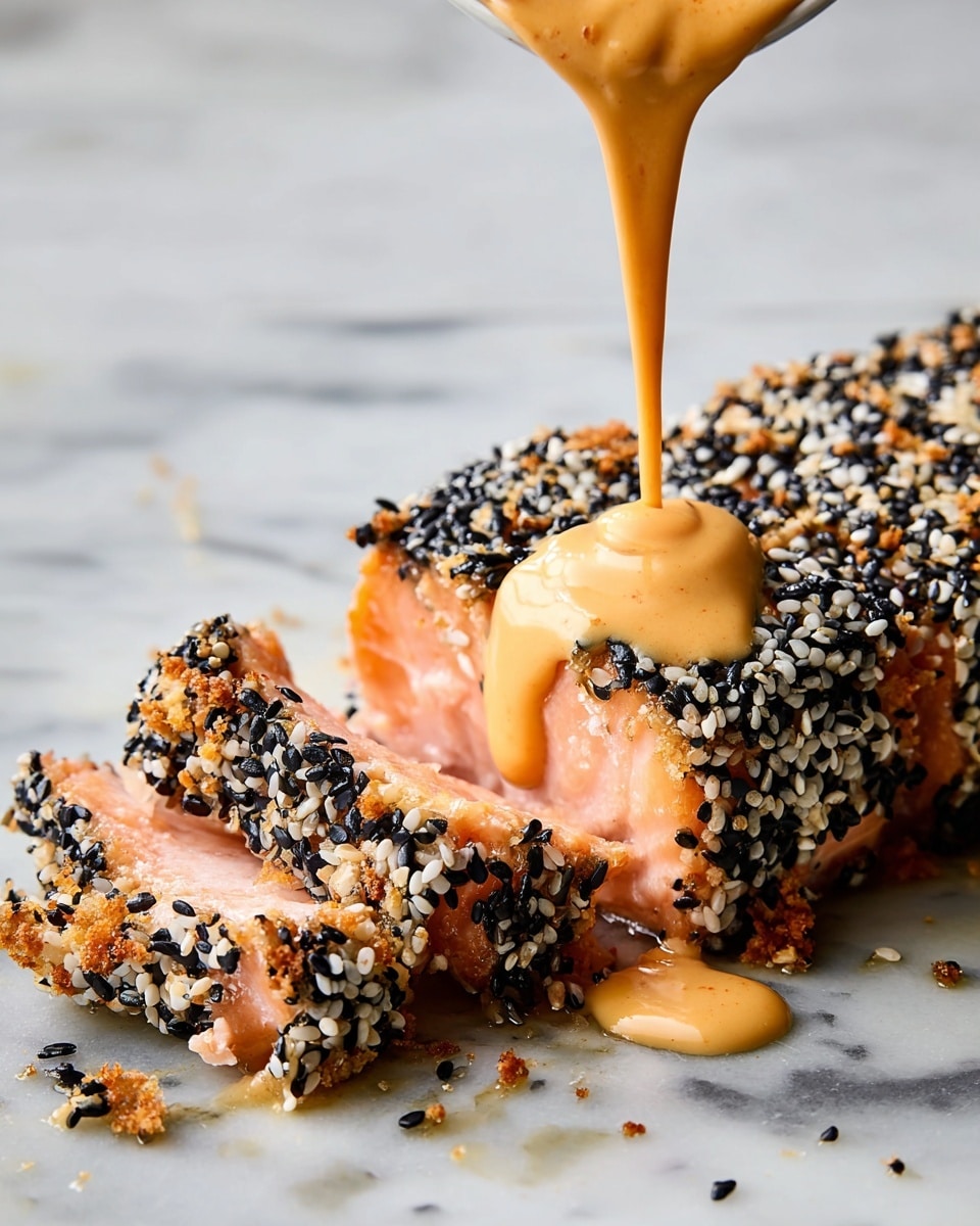 The image shows a piece of salmon coated in black and white sesame seeds. The salmon is cooked to a light pink color and is cut into thick slices that reveal the soft inside. A creamy orange sauce is being poured over the top of the salmon, adding a smooth texture on the crunchy sesame seed crust. The dish is placed on a white marbled surface. photo taken with an iphone --ar 4:5 --v 7